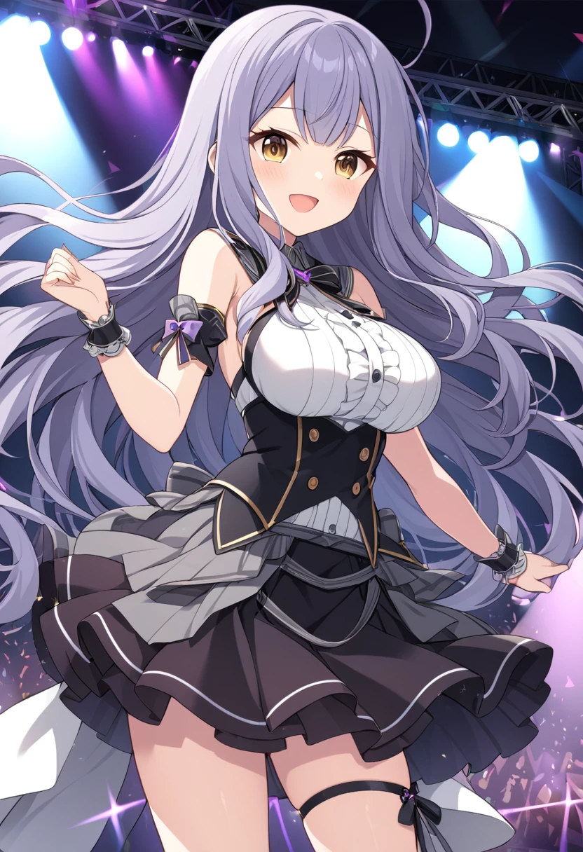 ((highest quality, 8K, Idol Master: 1.3, RAW photo)), sharp focus 1.1),Four noble sounds,alone, beautiful face, highly detailed face, purple eyes、silver straight long hair,purple hair band,highlight,smile (Idol Costume 1.5), concert hall, (show white lace panties:1.1), from the front, idol boots,whole body