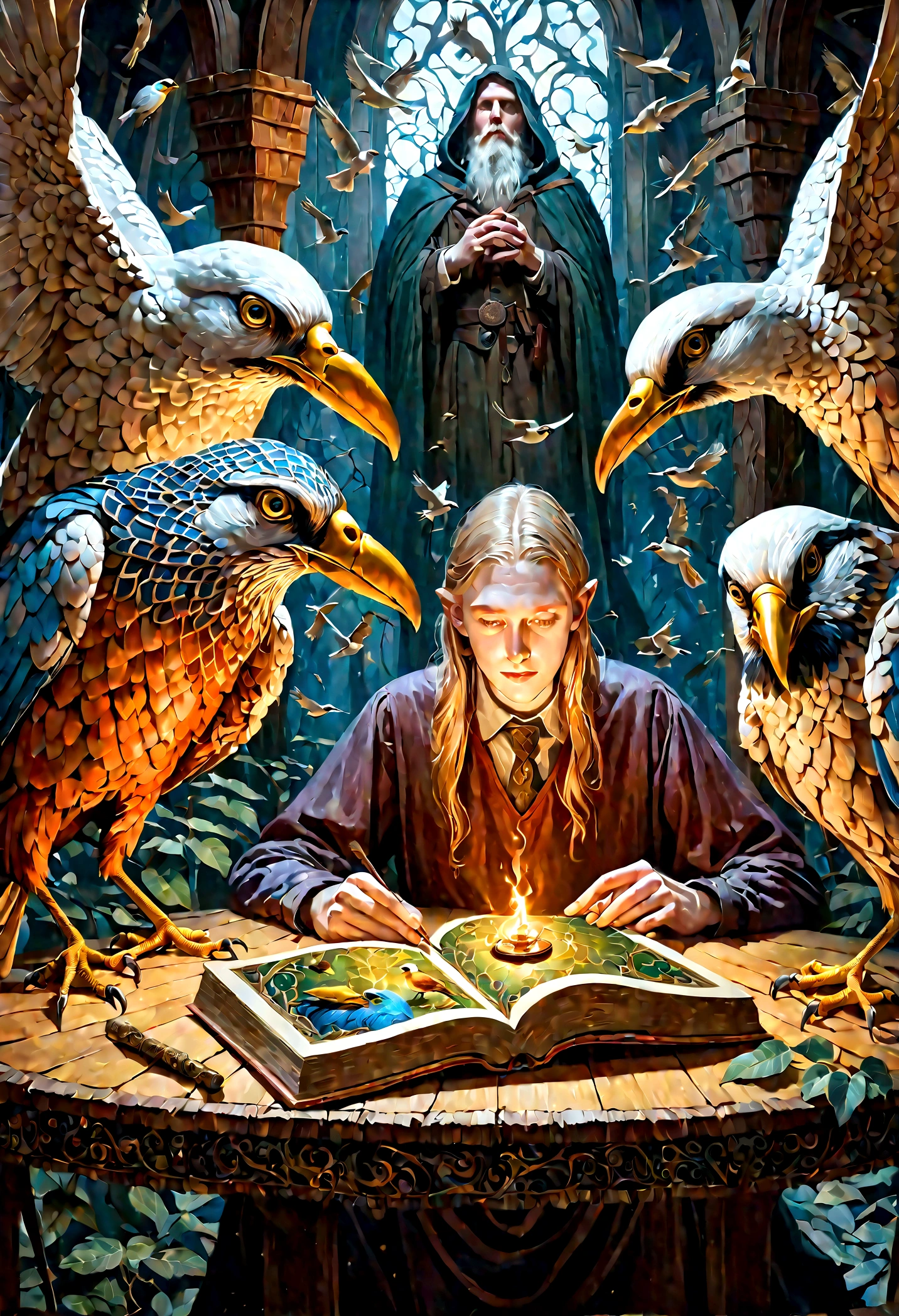 A captivating hyperrealistic illustration of three individuals seated at a table, surrounded by a fantastical environment. A mysterious book lies open before them, and two enchanted birds perch on its pages. The subjects, cadaveric and grotesque, display tumors and blisters that further emphasize their connection to the darker elements of the fantasy realm. The scene is reminiscent of the works of Johannes Helgeson, Greg Rutkowski, Krentzkushart, and other renowned fantasy artists such as Tolkien and Michael Komark. The photo-like, cinematic quality of the illustration, combined with the intricate detail, creates an immersive and mesmerizing portrait of the fantastical world., photo, portrait photography, cinematic, illustration