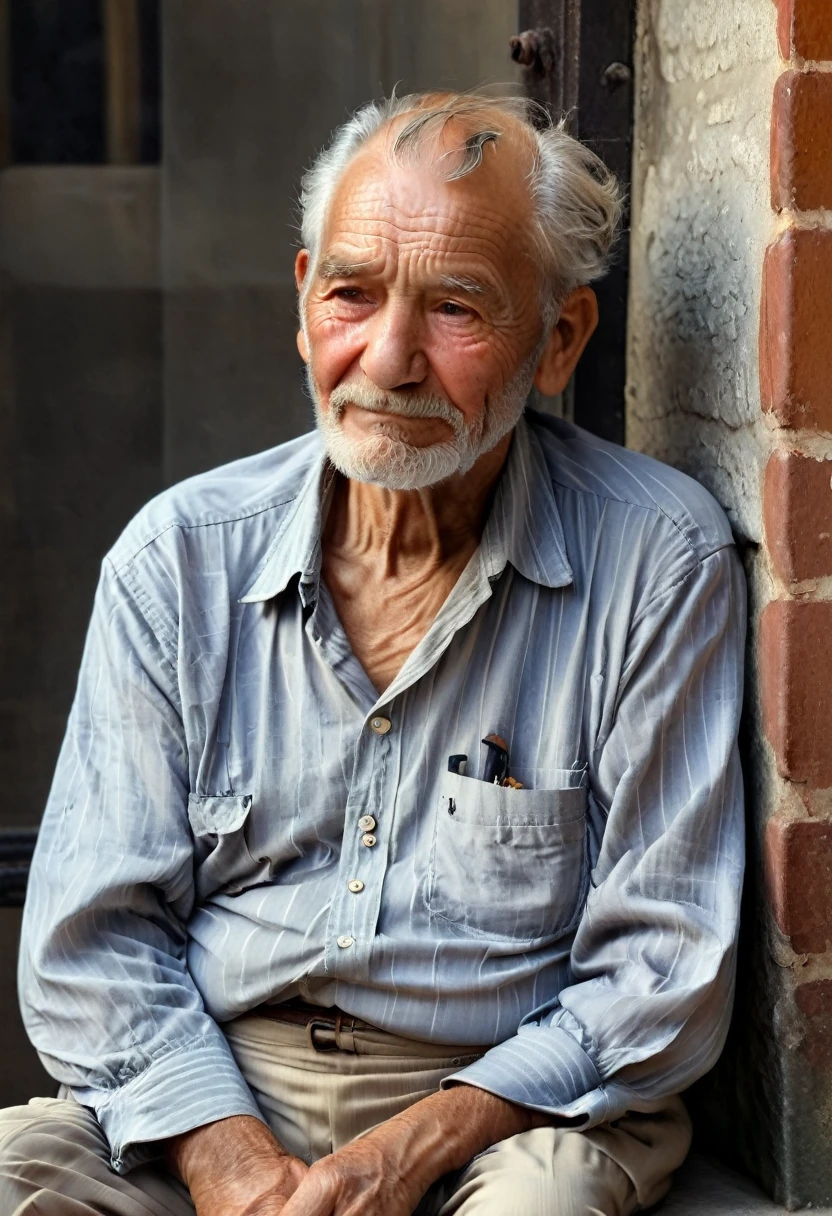 Close-Up of Face, an old man, sitting quietly with a hazy gaze and a faint smile on the corner of his mouth, seem to be reminiscing about the good times of the past. Every wrinkle on his face is a witness to the story, (masterpiece, best quality, Professional, perfect composition, very aesthetic, absurdres, ultra-detailed, intricate details:1.3)
