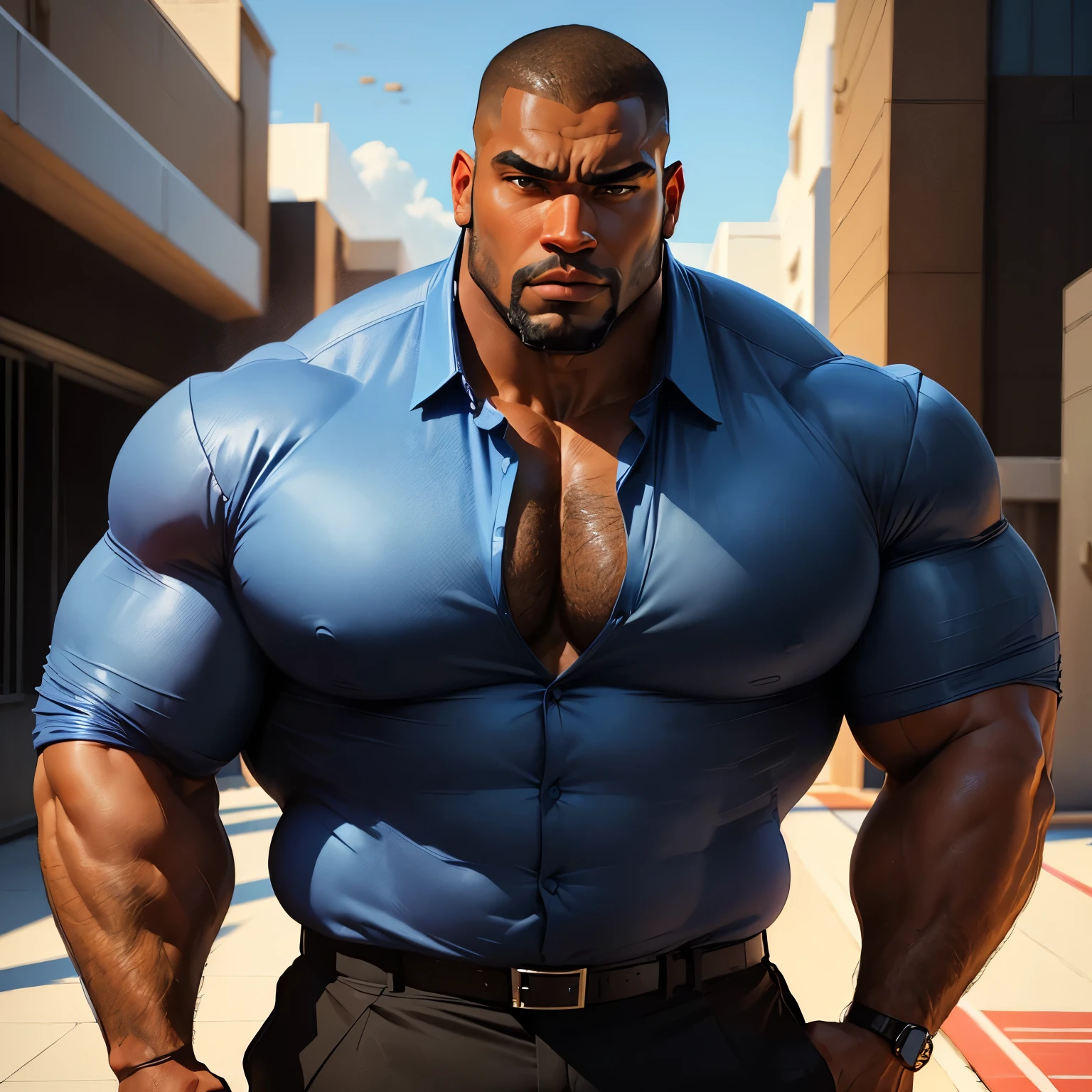 an exaggeratedly muscular and large bodyguard, beefy build, beard, dark-skinned african american male, buzzcut hair with square line, (worried expression: 1.2), (wearing blue business shirt: 1.2), wearing black underwear, (bara pecs: 1.3), beefy pecs, (arm and chest hair: 1.2), portrait HD, (outdoor track field)