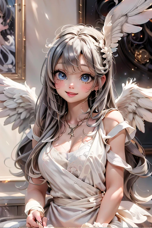 // Pose
Close_up,
// Style
medium breasts, ancient greek dress, angel wings, beautiful detailed skin, (cute:1.2), (sylver hair), (depth of field),soft light, Lens Glow,
// Features
smiling, floating hair,
// Character
movie scene, cinematic, full colors, 4k, 8k, 16k, RAW photo, masterpiece, professionally color graded, professional photography,
female angel, hair up, consider,(blush,open mouth)1.3,soft clean focus, realistic lighting and shading, (an extremely delicate and beautiful art)1.3, elegant,active angle,dynamism pose,
// Fashion
(sylver hair), white (angel wings), sylver necklace, sylver earrings, sparkling eyes, intrincated hairstyle, soft (blue eyeshadows),
// Quality
RAW photo, portrait, best quality, high res,
// Features
Ancient greek dress,

