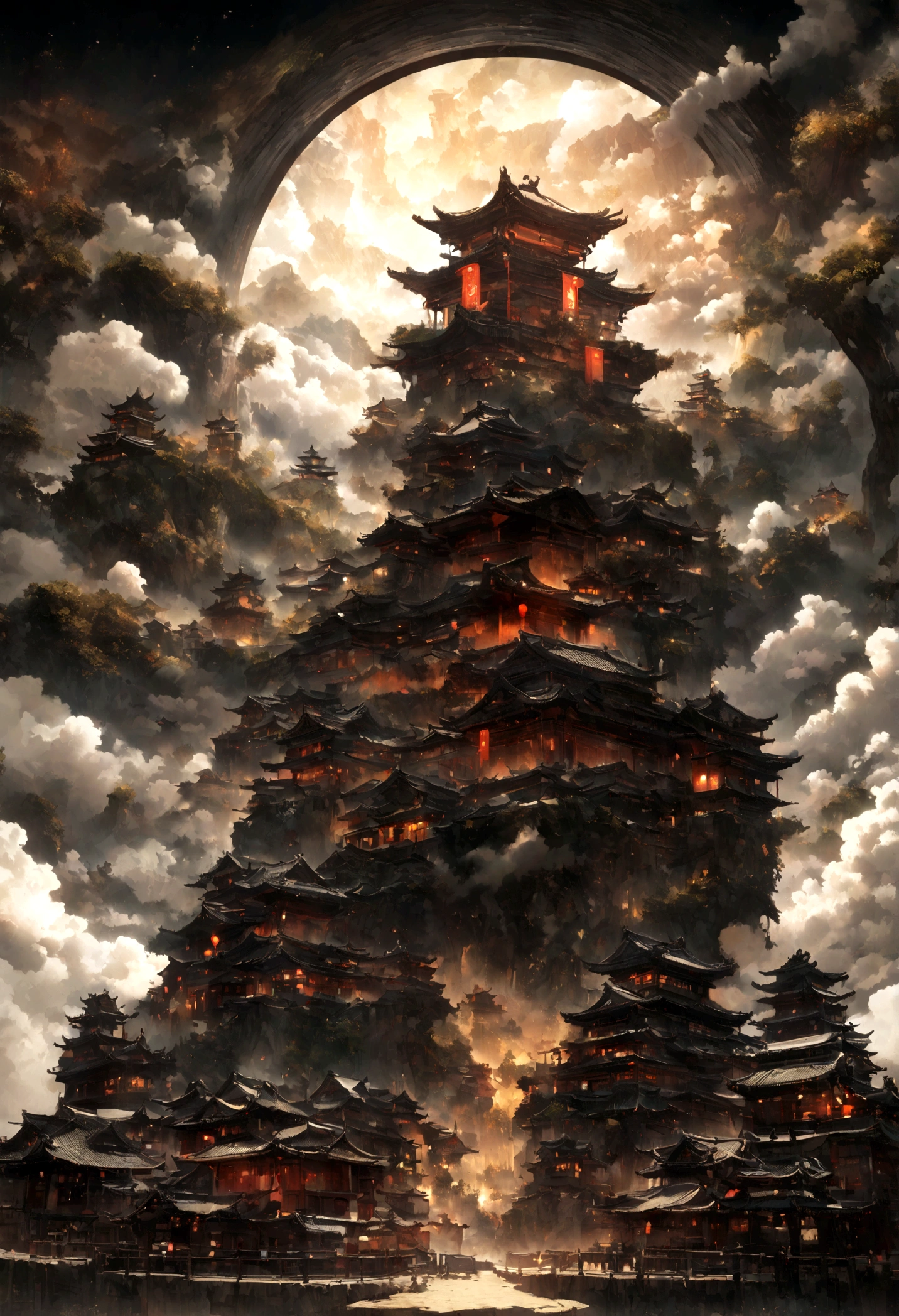 Chinese style，Chinese mythology，Chinese Green Dragon，tosen，Eyes glow red，Glow effect，Surrounded by clouds，Thick Clouds，building，Medium shot scenes，Like the whole body， Highly detailed surreal VFX，OC Rendering，Kyoto city，Wearing a kimono，