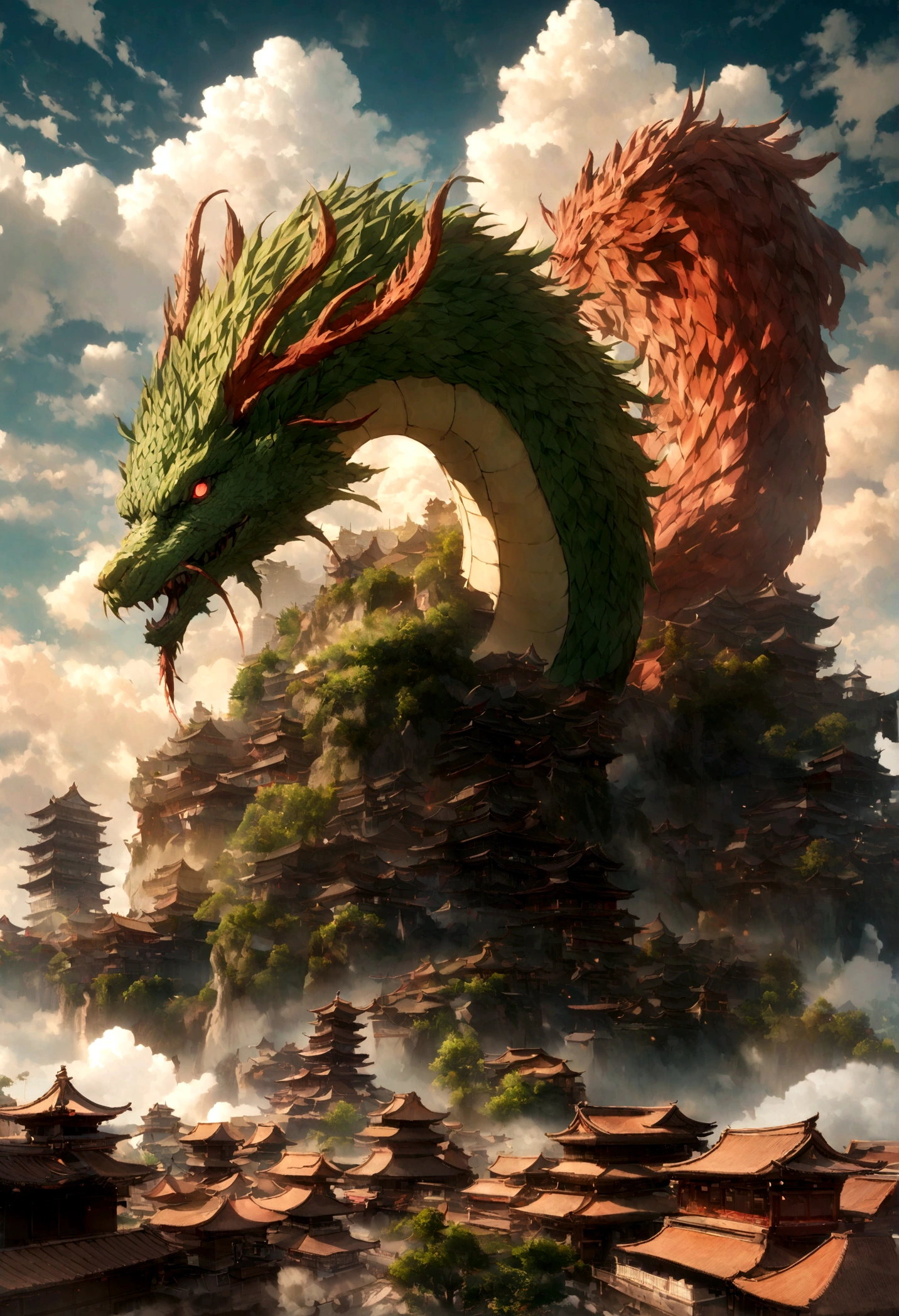 Chinese style，Chinese mythology，Chinese Green Dragon，tosen，Eyes glow red，Glow effect，Surrounded by clouds，Thick Clouds，building，Medium shot scenes，Like the whole body， Highly detailed surreal VFX，OC Rendering，Kyoto city，Wearing a kimono，
