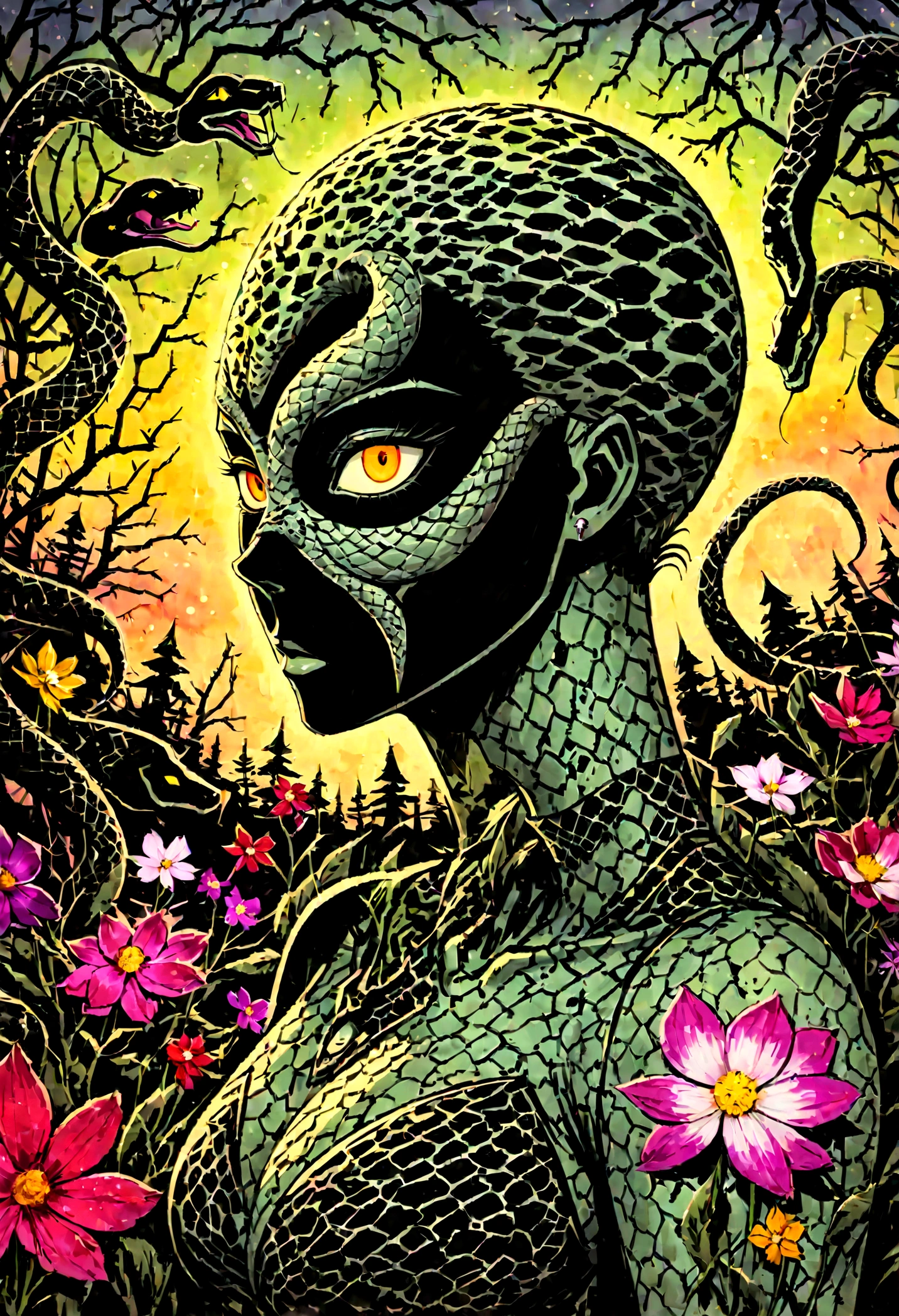 Medusa, splash page decompressed comic cover art, ink style figure, ((expressive Joelle Jones and "Sean Gordon Murphy" comic drawing)), wordless, cinematic poster, abyss void black no visibility darkness, forest green, earth brown), morphology anatomy drawn Frederic Delavier musculature anatomical illustration, (face, ornate black metal corpse paint, resembles Grace Jones), full length portrait, colors, bleak muted deep fiery radiant glowing ROYGBIV, (background, pine barrens, entropy, rewilding, magic hour sunset, galaxy stars, cosmos), candid, snake skin dress, (body, Naga, snakefolk, lower body snake tail, snake woman hybrid, bald, hairless, skeleton, snake skin tattoos, piercing eyes, snake pupils, over the shoulder), craftsmanship nuance, (Gerardo Zaffino charcoal), (horror, abstract, surreal, body, cosmic), subliminal orchids, nyctophobia, silhouette, double exposure, image within image,
