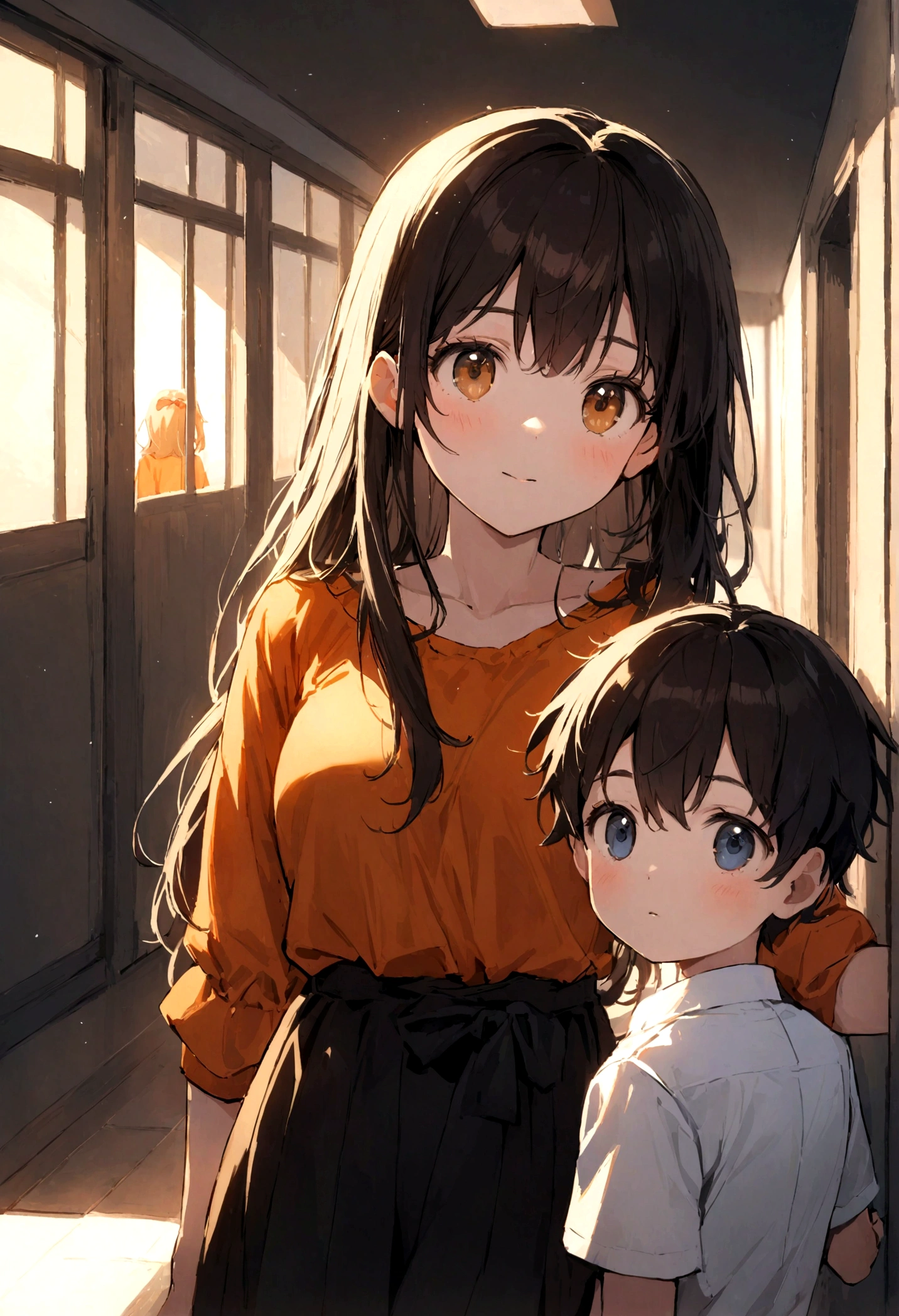 A cute 9-year-old boy named Alex Janny wearing an orange t-shirt with a 30 years old beautiful female teacher in the hallway of the school, black dress and white shirt