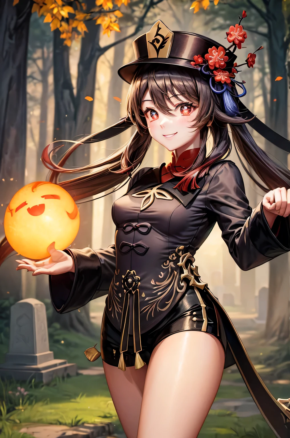 ((hutaodef)):1.5,((masterpiece,highest quality,Highly detailed images,Beautiful images、Realistic、Photorealistic、2.5D))((hutao images,A graveyard in a dark forest、Many gravestones、Fun pose、Bright natural light throughout、Backlight、A fantastic atmosphere、Dust flutters)),(Close-up image of hutao)、((small breasts))(smile)Deformed human soul

