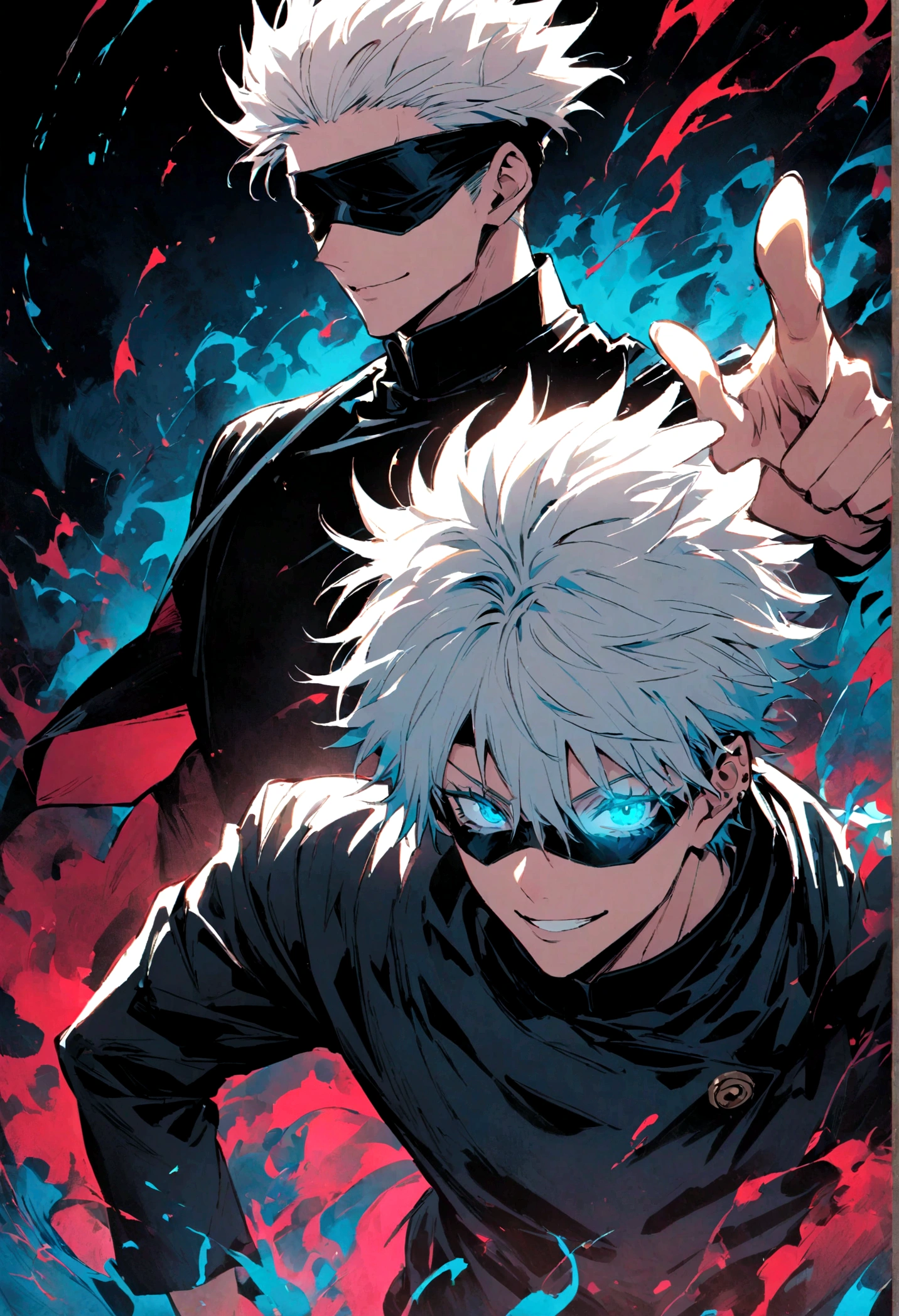 1 male,Satoru Gojo,Jujutsu Kaisen,,Create an image of Satoru Gojo from the manga 'Jujutsu Kaisen' by Gege Akutami. Gojo is a tall, slender man with white hair, usually wearing a black blindfold or sunglasses. He exudes confidence and charisma, often seen with a relaxed smile or a challenging expression. Capture him in a dynamic pose, possibly with one hand raised and a single finger pointed. The background should depict a modern urban landscape or a battle scene with swirling energy effects. Include special effects like a blue aura or energy waves to emphasize his power, and show his piercing blue eyes glowing if his blindfold is off. Make sure to highlight his stylish attire and the dramatic atmosphere.,Sui Ishida's painting style,Intricate details,Detailed depiction of hair,Use black and white as your main colors,Decadent,artwork,Perfect ???????,Anatomically correct,