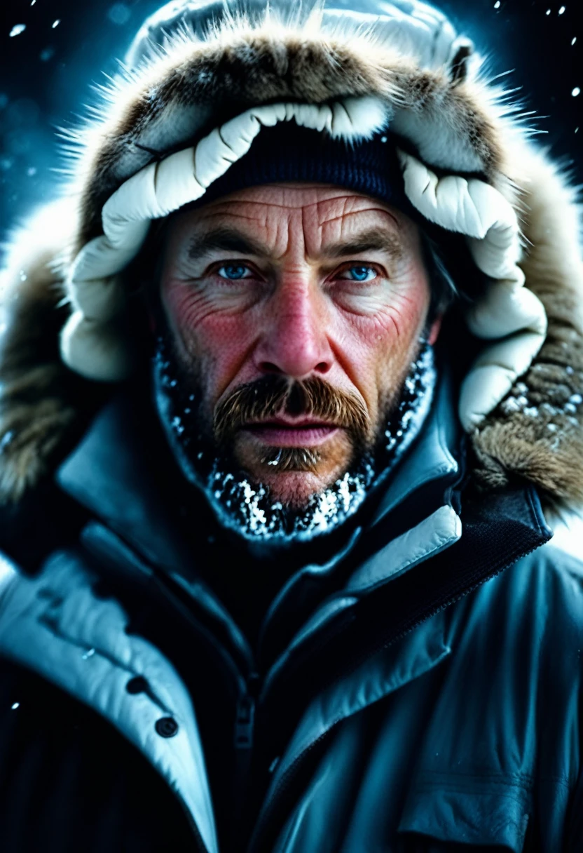 Close-Up of Face, Extremely detailed cinematic film still photography of centered portrait of a Polar Explorers : snow, ice, blizzard, : frozen face and beard : arctic clothing : Insanely Detailed Mixed-Media Photography by jeremy mann, andree wallin, Dan Witz, Peter Gric, Francis Bacon, 4K, Hyperrealism, Masterpiece, Chiaroscuro"