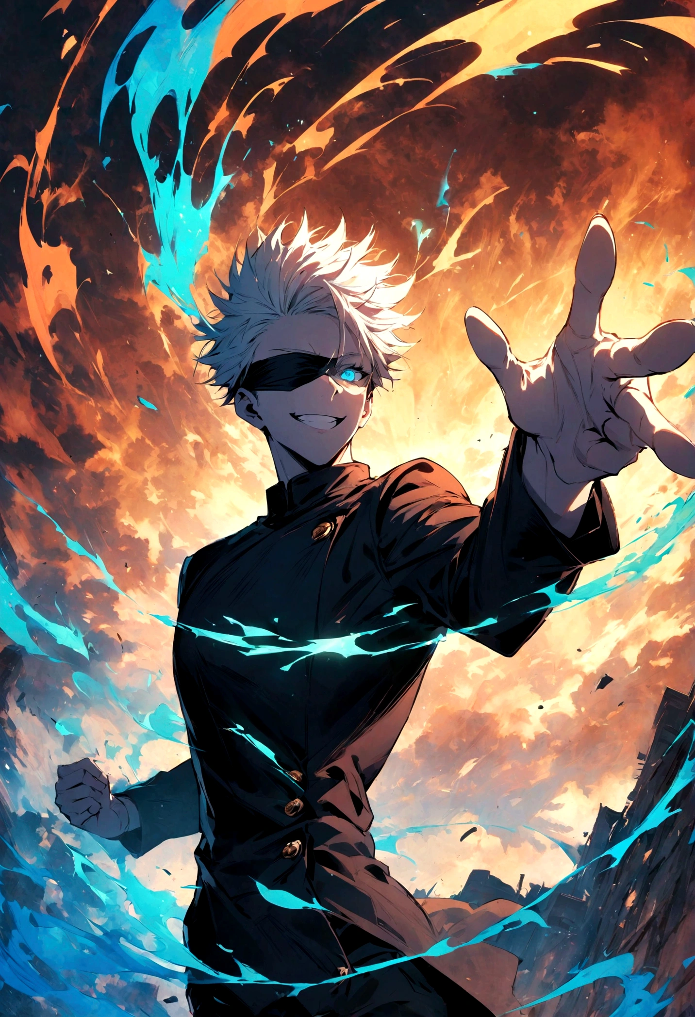 1 male,Satoru Gojo,Jujutsu Kaisen,,Create an image of Satoru Gojo from the manga 'Jujutsu Kaisen' by Gege Akutami. Gojo is a tall, slender man with white hair, usually wearing a black blindfold or sunglasses. He exudes confidence and charisma, often seen with a relaxed smile or a challenging expression. Capture him in a dynamic pose, possibly with one hand raised and a single finger pointed. The background should depict a modern urban landscape or a battle scene with swirling energy effects. Include special effects like a blue aura or energy waves to emphasize his power, and show his piercing blue eyes glowing if his blindfold is off. Make sure to highlight his stylish attire and the dramatic atmosphere.,Sui Ishida's painting style,Intricate details,Detailed depiction of hair,Use black and white as your main colors,Decadent,artwork,Perfect Anatomy,Anatomically correct,Beautiful light and shadow,Dynamically,cool,Awesome