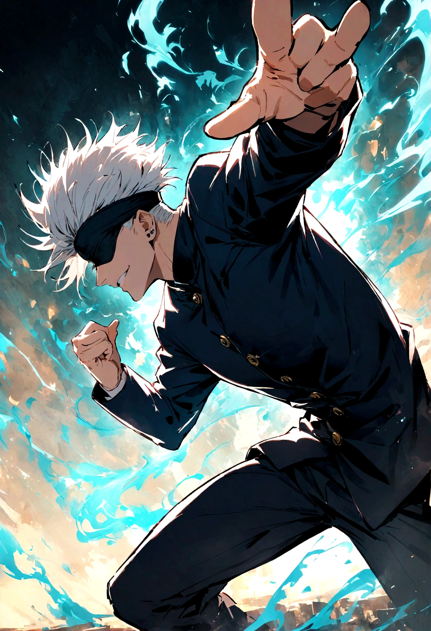 1 male,Satoru Gojo,Jujutsu Kaisen,,Create an image of Satoru Gojo from the manga 'Jujutsu Kaisen' by Gege Akutami. Gojo is a tall, slender man with white hair, usually wearing a black blindfold or sunglasses. He exudes confidence and charisma, often seen with a relaxed smile or a challenging expression. Capture him in a dynamic pose, possibly with one hand raised and a single finger pointed. The background should depict a modern urban landscape or a battle scene with swirling energy effects. Include special effects like a blue aura or energy waves to emphasize his power, and show his piercing blue eyes glowing if his blindfold is off. Make sure to highlight his stylish attire and the dramatic atmosphere.,Sui Ishida's painting style,Intricate details,Detailed depiction of hair,Use black and white as your main colors,Decadent,artwork,Perfect Anatomy,Anatomically correct,Beautiful light and shadow,Dynamically,cool,Awesome
