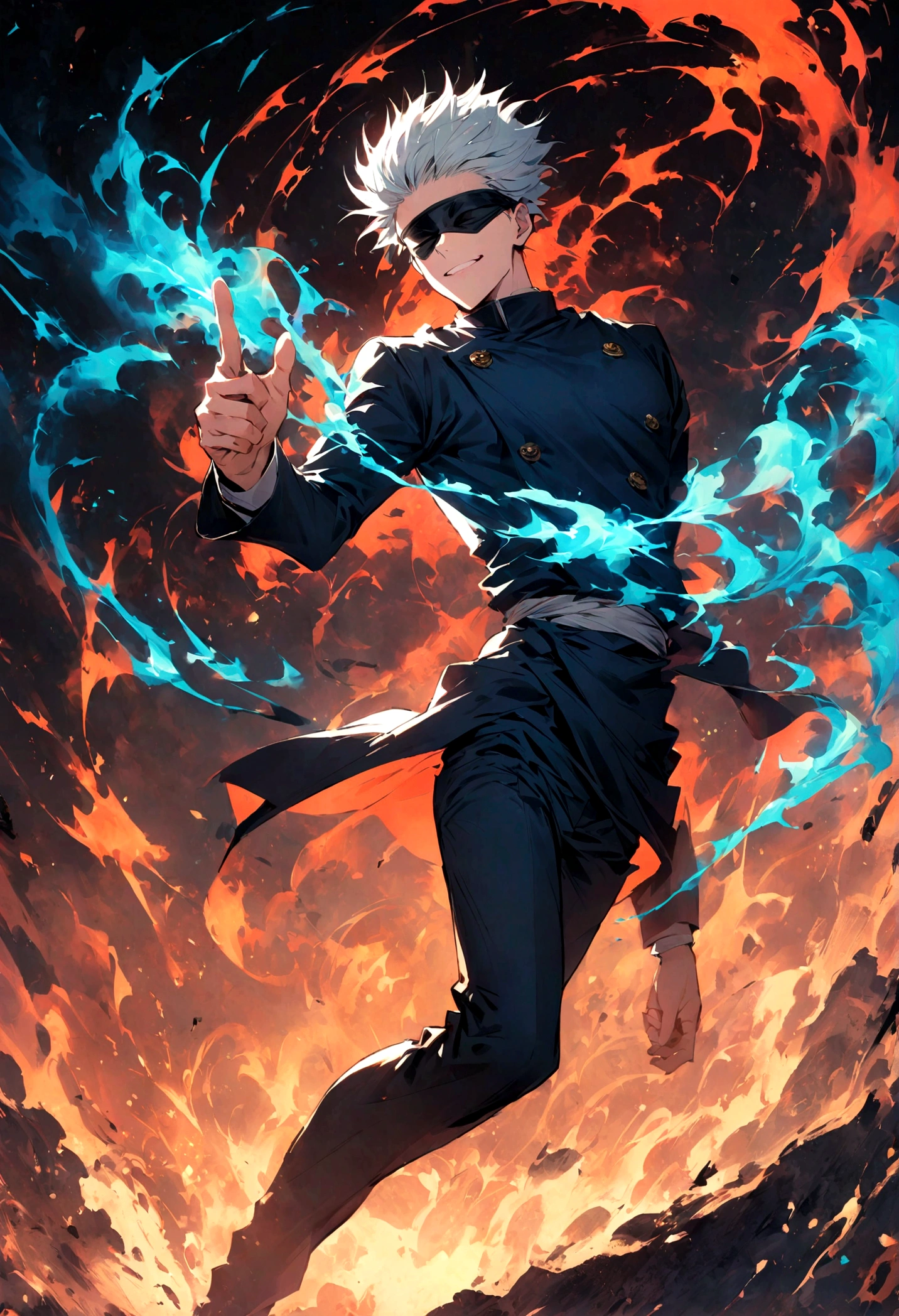 1 male,Satoru Gojo,Jujutsu Kaisen,,Create an image of Satoru Gojo from the manga 'Jujutsu Kaisen' by Gege Akutami. Gojo is a tall, slender man with white hair, usually wearing a black blindfold or sunglasses. He exudes confidence and charisma, often seen with a relaxed smile or a challenging expression. Capture him in a dynamic pose, possibly with one hand raised and a single finger pointed. The background should depict a modern urban landscape or a battle scene with swirling energy effects. Include special effects like a blue aura or energy waves to emphasize his power, and show his piercing blue eyes glowing if his blindfold is off. Make sure to highlight his stylish attire and the dramatic atmosphere.,Sui Ishida's painting style,Intricate details,Detailed depiction of hair,Use black and white as your main colors,Decadent,artwork,Perfect Anatomy,Anatomically correct,Beautiful light and shadow,Dynamically,cool,Awesome