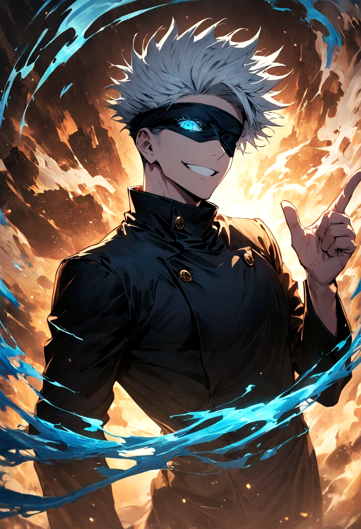 1 male,Satoru Gojo,Jujutsu Kaisen,,Create an image of Satoru Gojo from the manga 'Jujutsu Kaisen' by Gege Akutami. Gojo is a tall, slender man with white hair, usually wearing a black blindfold or sunglasses. He exudes confidence and charisma, often seen with a relaxed smile or a challenging expression. Capture him in a dynamic pose, possibly with one hand raised and a single finger pointed. The background should depict a modern urban landscape or a battle scene with swirling energy effects. Include special effects like a blue aura or energy waves to emphasize his power, and show his piercing blue eyes glowing if his blindfold is off. Make sure to highlight his stylish attire and the dramatic atmosphere.,Sui Ishida's painting style,Intricate details,Detailed depiction of hair,Use black and white as your main colors,Decadent,artwork,Perfect Anatomy,Anatomically correct,Beautiful light and shadow,Dynamically,cool,Awesome