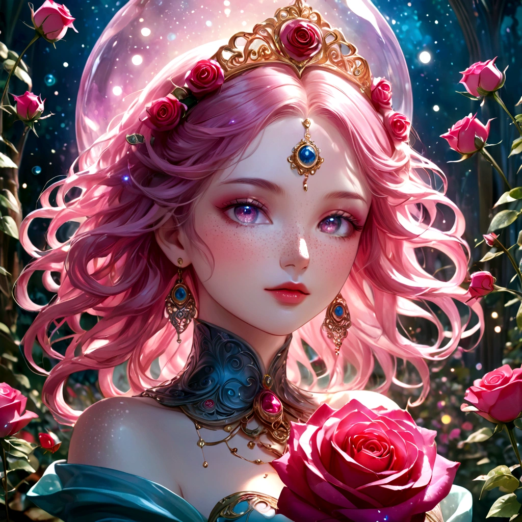 (This is a beautiful, intricate, (romatic) fantasy image that emphasizes beauty and grace.) Generate a blind curvy woman with soft natural freckles. Her face is important and should be (perfectly formed) with (beautiful puffy lips) and (perfect features). There is a cute freckle birthmark on her lip. The image exudes ethereal beauty and soft fantasy, with shimmering shades of pink throughout. Surround her with eternal roses in shimmering shades. Ensure perfection in her face, hair, and eyes. Include sweet and detailed birds and soft, luminous flowers and detailed roses. Utilize dynamic composition and dramatic lighting and cinematic lighting to create an interesting fantasy image. The background of the image is interesting and ultra-detailed, with soft fantasy lighting and gradients. Include fantasy details, cute aura, colorful, colourful, and interesting magical background. The image's background is decorated in shades of pink, shimmer, glitter, and fantasy details like colored bubbles and cosmos. Include subtle freckles, natural freckles and a diffused realistic skin tone. Incorporate elements of high fantasy, whimsy, and detailed elegance. English rose, princess, courtesan, noblewoman, sweet, lovely, calm, lovely, shimmering, glimmering, glittering, astrological fantasy, (((masterpiece))), (highest quality), magic rose, fantasy garden, beautiful face, perfect face, puffy lips, interesting, shy smile, fantasy elements, magic rose, beautiful eyes, perfect puffy lips, jewel tones, luminosity. Taken with a canon camera.