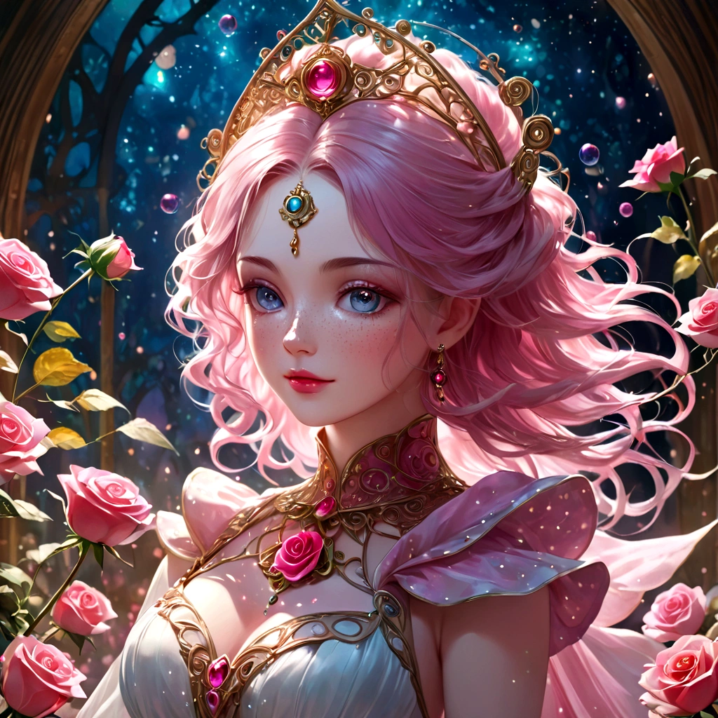 (This is a beautiful, intricate, (romatic) fantasy image that emphasizes beauty and grace.) Generate a blind curvy woman with soft natural freckles. Her face is important and should be (perfectly formed) with (beautiful puffy lips) and (perfect features). There is a cute freckle birthmark on her lip. The image exudes ethereal beauty and soft fantasy, with shimmering shades of pink throughout. Surround her with eternal roses in shimmering shades. Ensure perfection in her face, hair, and eyes. Include sweet and detailed birds and soft, luminous flowers and detailed roses. Utilize dynamic composition and dramatic lighting and cinematic lighting to create an interesting fantasy image. The background of the image is interesting and ultra-detailed, with soft fantasy lighting and gradients. Include fantasy details, cute aura, colorful, colourful, and interesting magical background. The image's background is decorated in shades of pink, shimmer, glitter, and fantasy details like colored bubbles and cosmos. Include subtle freckles, natural freckles and a diffused realistic skin tone. Incorporate elements of high fantasy, whimsy, and detailed elegance. English rose, princess, courtesan, noblewoman, sweet, lovely, calm, lovely, shimmering, glimmering, glittering, astrological fantasy, (((masterpiece))), (highest quality), magic rose, fantasy garden, beautiful face, perfect face, puffy lips, interesting, shy smile, fantasy elements, magic rose, beautiful eyes, perfect puffy lips, jewel tones, luminosity. Taken with a canon camera.