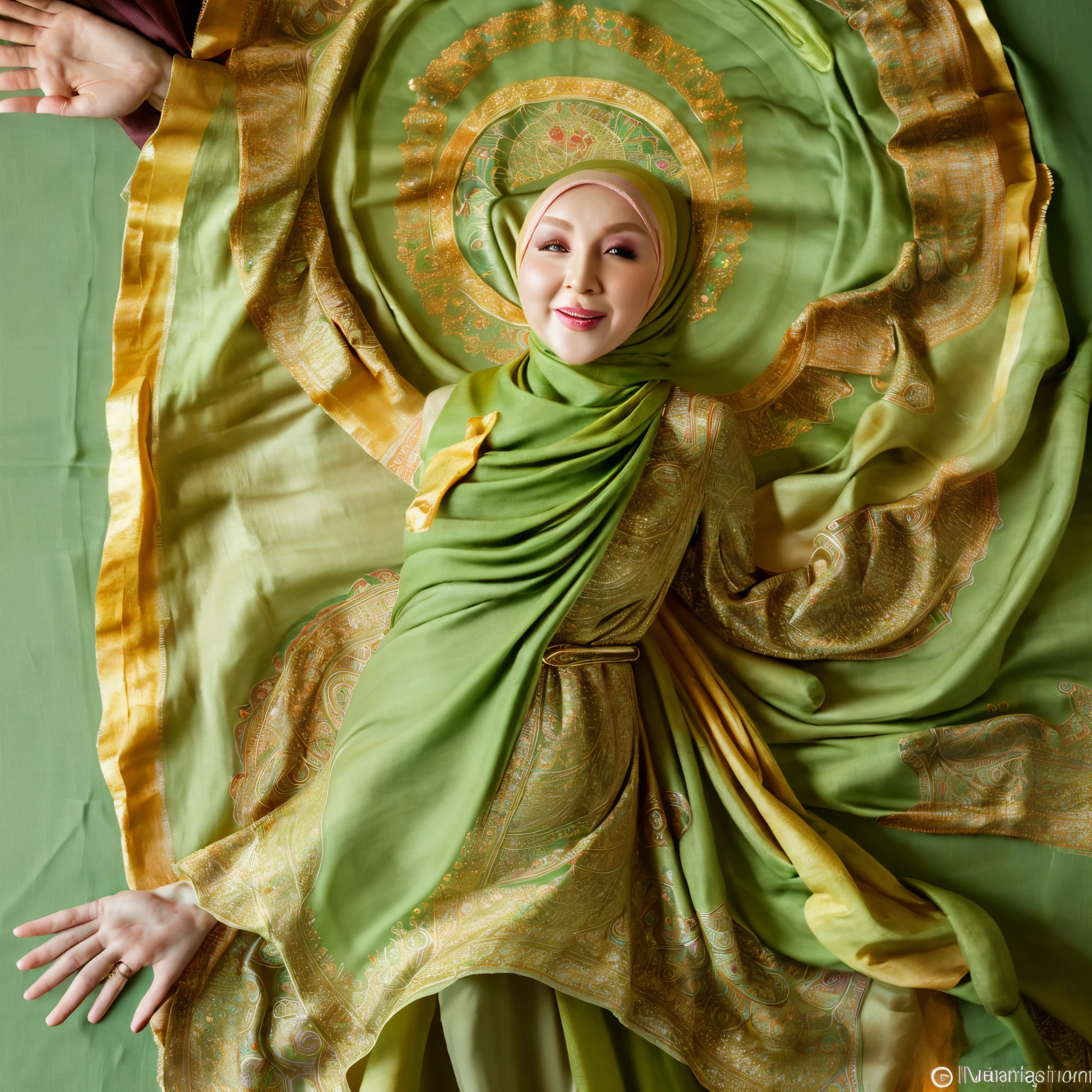 Photorealistic Production, (One Person), (Realistic Image of a 40 Year Old Indonesian Female Model), (wearing a hijab :1.6), (Pale Skin:1.4), (Wearing a Green Ornate Muslim Dress with Silk Cloth and Gold Jewelry:1.6), (Face Cheerful), (modest clothing covered), (Waving Hands Pose:1.4), Center, (Waist Up Shot:1.4), Dynamic Angles, Front View, Movie Stills, Crazy Details, Detailed Intricate Scenes, Cinematic Shots and Lighting, Bokeh Effect, Brilliant and Realistic Colors, Masterpiece, Sharp Focus, Highly Detailed, Taken with a DSLR Camera, Realistic Photography, Depth of Field, Highly Realistic Environments and Scenes, Master Composition and Cinematography, Trending on Artstation- -Raw Style