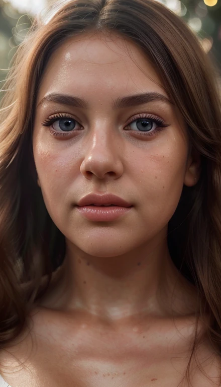 a detailed close-up portrait of a beautiful young woman, perfect skin, big beautiful eyes, long lashes, delicate nose, full lips, soft facial features, natural lighting, high resolution, 8k, hyper detailed, photorealistic, cinematic, dramatic lighting, warm color tones, glowing skin