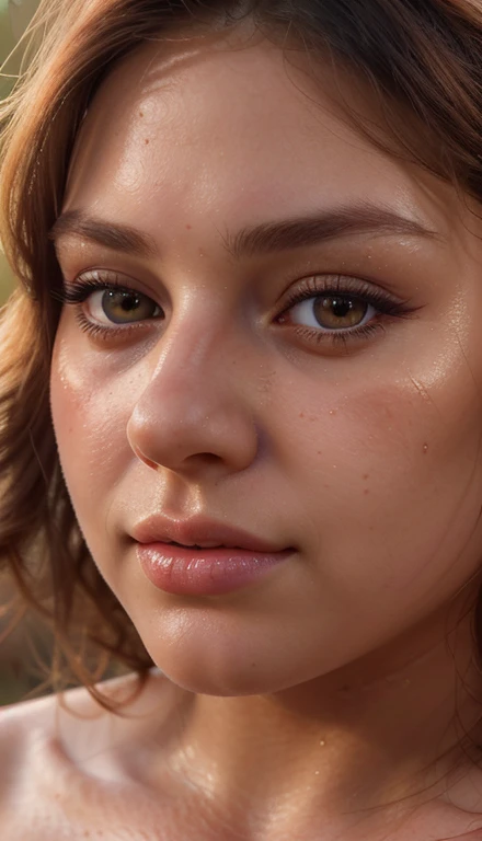 a detailed close-up portrait of a beautiful young woman, perfect skin, big beautiful eyes, long lashes, delicate nose, full lips, soft facial features, natural lighting, high resolution, 8k, hyper detailed, photorealistic, cinematic, dramatic lighting, warm color tones, glowing skin