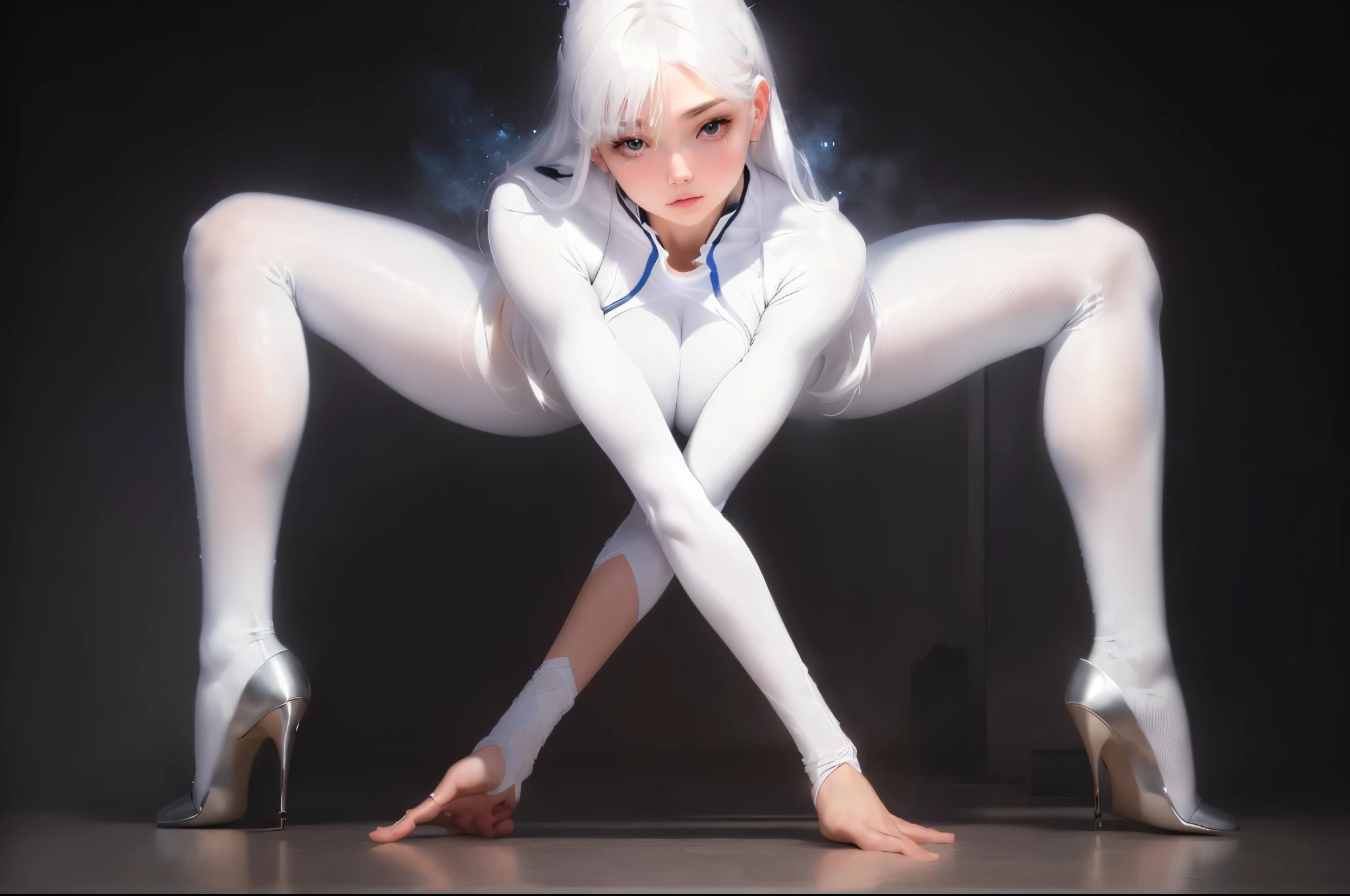 1 girl, white detailed bodysuit, white hair, beautiful face, in gym,masterpiece, intricate detail, perfect anatomy, 