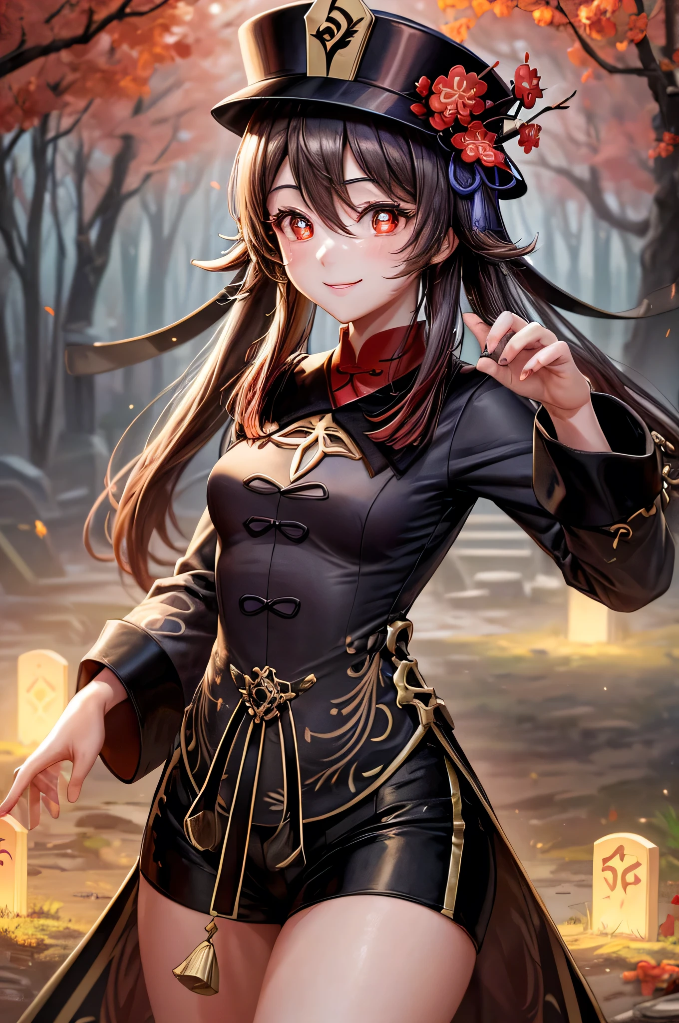 ((hutaodef)):1.5,((masterpiece,highest quality,Highly detailed images,Beautiful images、Realistic、Photorealistic、2.5D))((hutao images,A graveyard in a dark forest、Many gravestones、Fun pose、Bright natural light throughout、Backlight、A fantastic atmosphere、Dust flutters)),(Close-up image of hutao)、((small breasts))(smile)Deformed human soul
