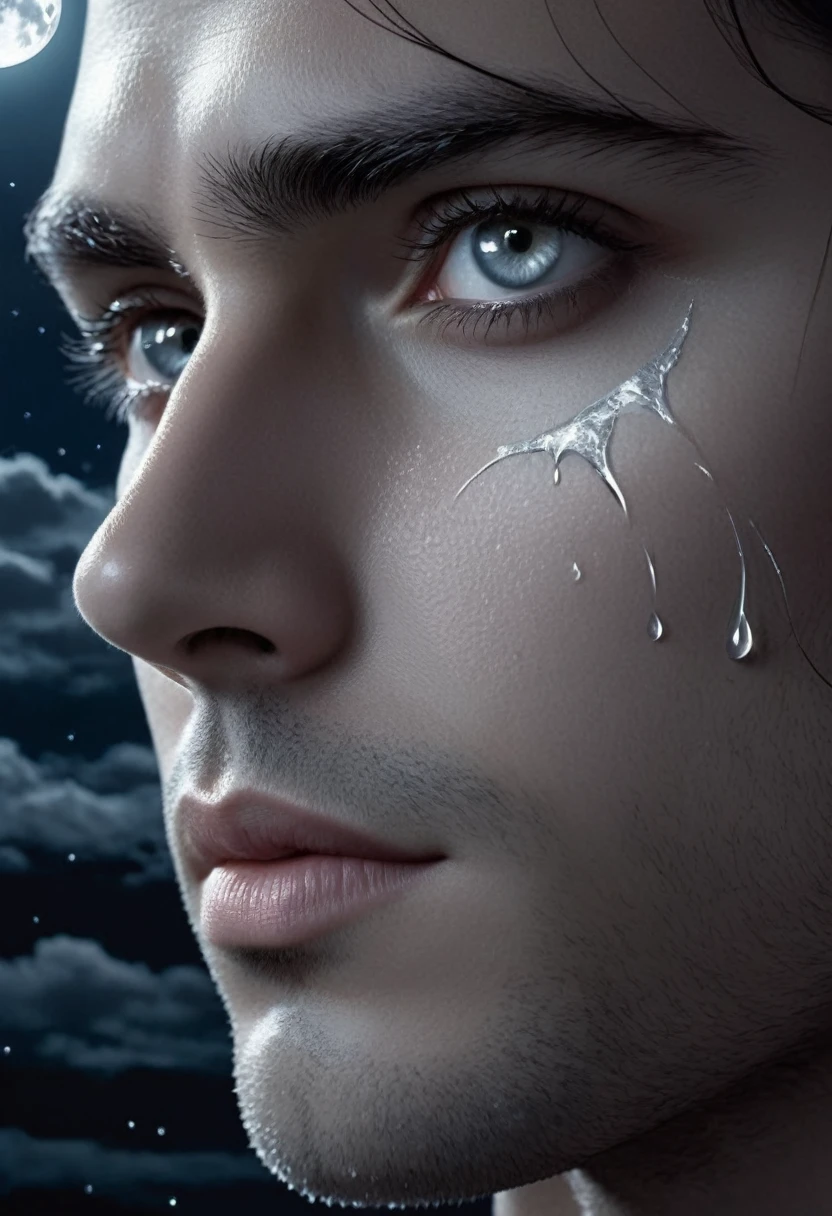 Close-Up of Face, Under the moonlight, a poet's eyes are filled with tears, the corners of his mouth tremble slightly, as if touched by inner emotions, and his eyes show sensitivity and longing for beautiful things, (masterpiece, best quality, Professional, perfect composition, very aesthetic, absurdres, ultra-detailed, intricate details:1.3)