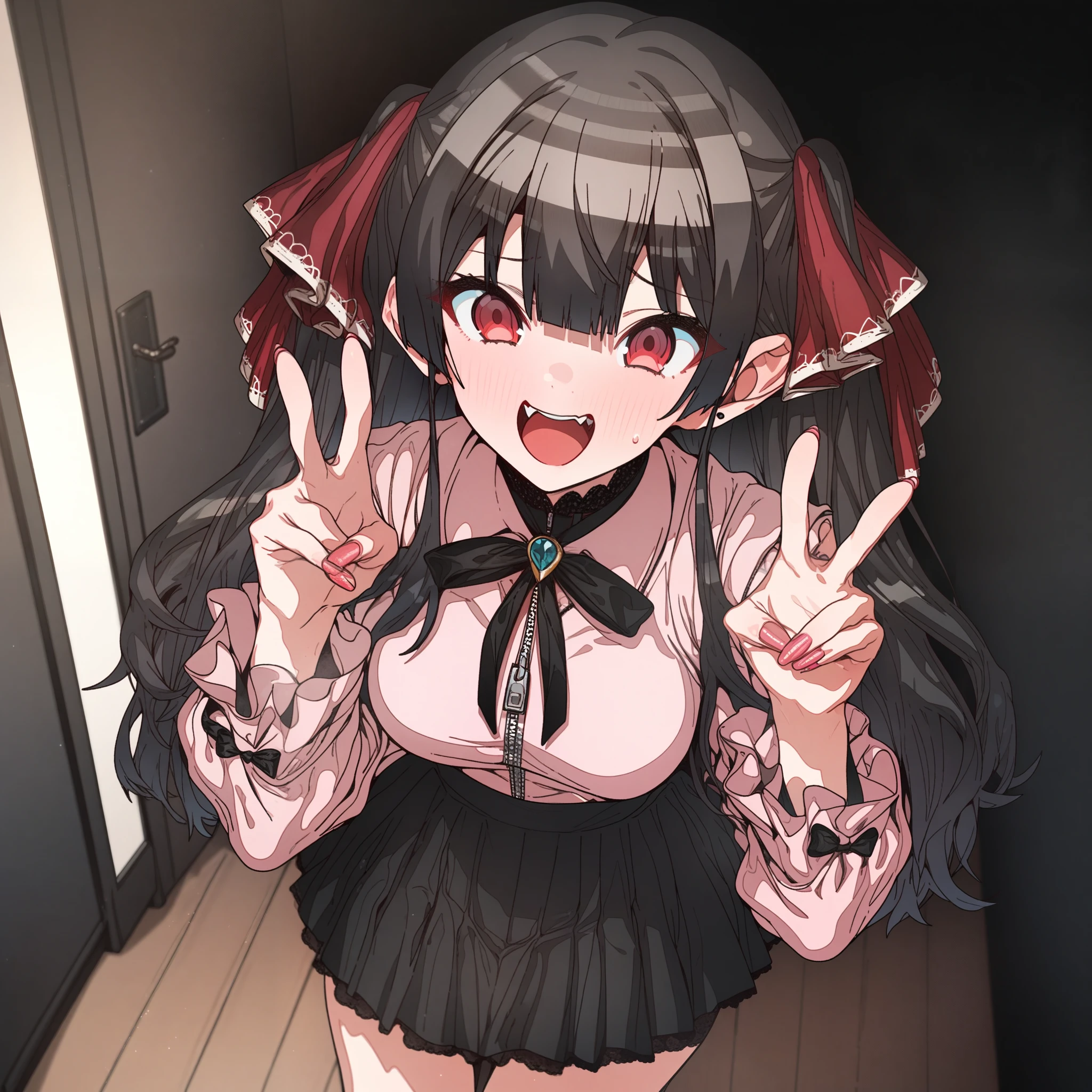 houshou_marine, Artist, erere, Copyrights, idolmaster, idolmaster_shiny_colors, Character, General, 1girl, black_hair, black_necktie, black_ribbon, black_skirt, blunt_bangs, blush, breasts, v, brown_eyes, censored, frilled_sleeves, frills, jirai_kei, long_hair, long_sleeves, medium_breasts, miniskirt, neck_ribbon, necktie, open_mouth, pink_nails, pink_shirt, raised_eyebrow, ribbon, shirt, skirt, sweatdrop, teeth, two_side_up, upper_teeth_only, zipper_skirt, full_body, standing, white_backgroud, looking_at_viewer, facing_viewer, masterpiece, best_quality, great_quality, girl, legs, wooden floor, white ceiling
