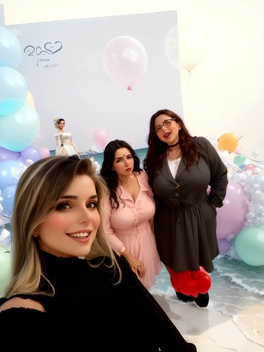 three women in front of a backdrop of balloons and balloons, pastel', me divertindo muito, elegante, the background is heavenly, todo mundo se divertindo, pilar, na frente do back drop branco, fotografia, powder Nándor Katona, # OC, on the OCean, #OC, foto tirada em 2 0 2 0, parado no fundo do mar