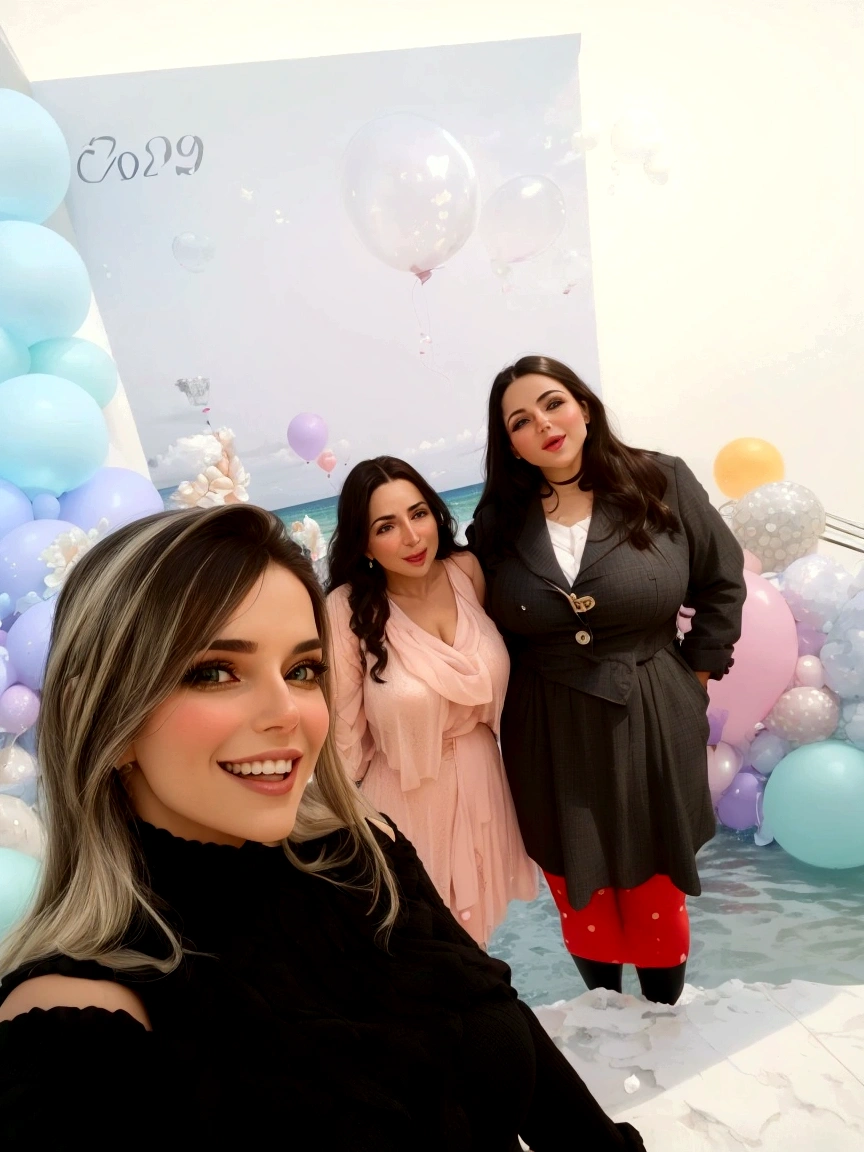 three women in front of a backdrop of balloons and balloons, pastel', me divertindo muito, elegante, the background is heavenly, todo mundo se divertindo, pilar, na frente do back drop branco, fotografia, powder Nándor Katona, # OC, on the OCean, #OC, foto tirada em 2 0 2 0, parado no fundo do mar
