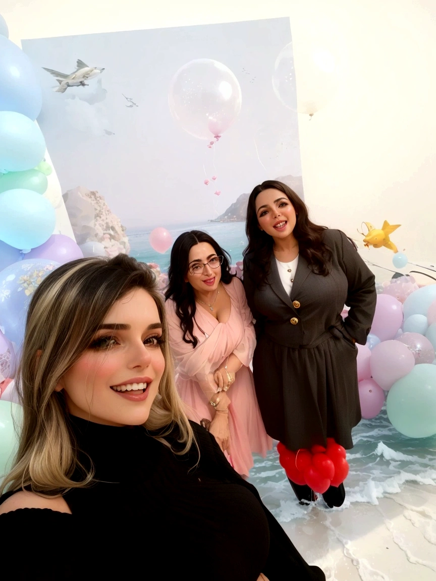 three women in front of a backdrop of balloons and balloons, pastel', me divertindo muito, elegante, the background is heavenly, todo mundo se divertindo, pilar, na frente do back drop branco, fotografia, powder Nándor Katona, # OC, on the OCean, #OC, foto tirada em 2 0 2 0, parado no fundo do mar