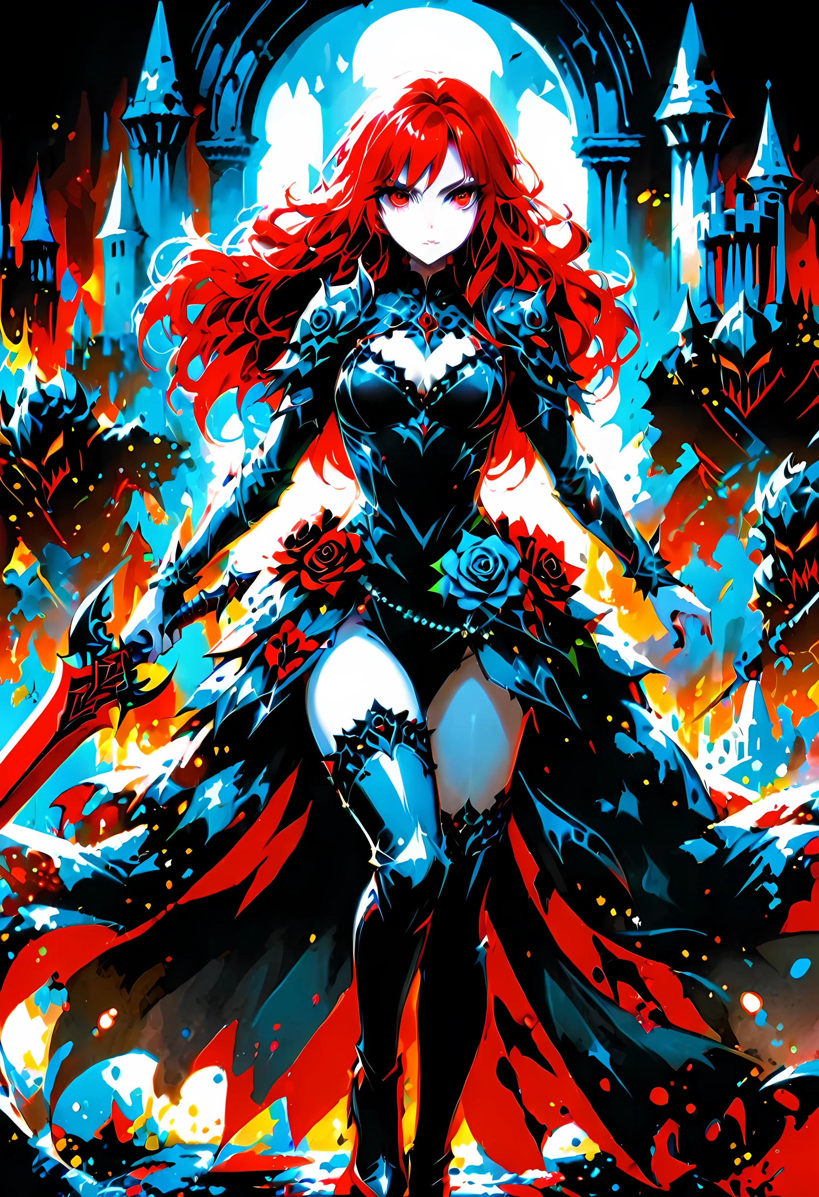 Arafed, action shot, Dark fantasy art, fantasy art, goth art, a picture of a female vampire, exquisite beauty, full body shot, dark glamour shot, pale white skin, red hair, long hair, wavy hair, dynamic eyes color eyes, glowing eyes, she wears a ((white: 1.3)) white tight suit, Armored Dress, she holds a sword in hand, (ready for battle: 1.4) , ((black roses: 1.5)) are imprinted on the suit,  high heels, dark castle, dark, black and color, Dark Art Painting Style, flower dress, dark novel, flower dress