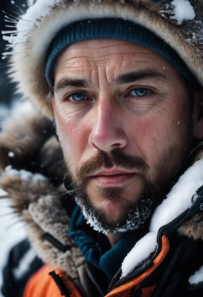 Close-Up of Face, Extremely detailed cinematic film still photography of centered portrait of a Polar Explorers : snow, ice, blizzard, : frozen face and beard : arctic clothing : Insanely Detailed Mixed-Media Photography by jeremy mann, andree wallin, Dan Witz, Peter Gric, Francis Bacon, 4K, Hyperrealism, Masterpiece, Chiaroscuro"