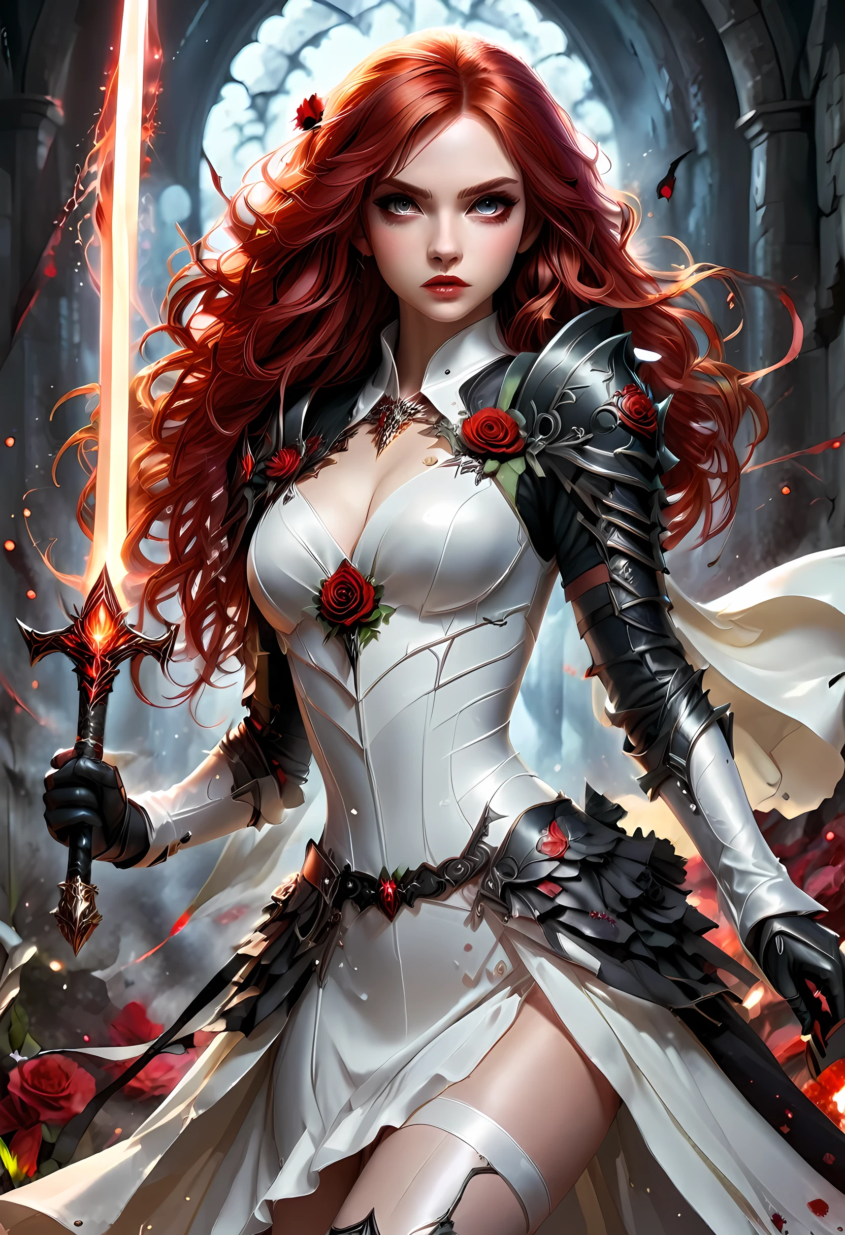 Arafed, action shot, Dark fantasy art, fantasy art, goth art, a picture of a female vampire, exquisite beauty, full body shot, dark glamour shot, pale white skin, red hair, long hair, wavy hair, dynamic eyes color eyes, glowing eyes, she wears a ((white: 1.3)) white tight suit, Armored Dress, she holds a sword in hand, (ready for battle: 1.4) , ((black roses: 1.5)) are imprinted on the suit,  high heels, dark castle, dark, black and color, Dark Art Painting Style, flower dress, dark novel, flower dress