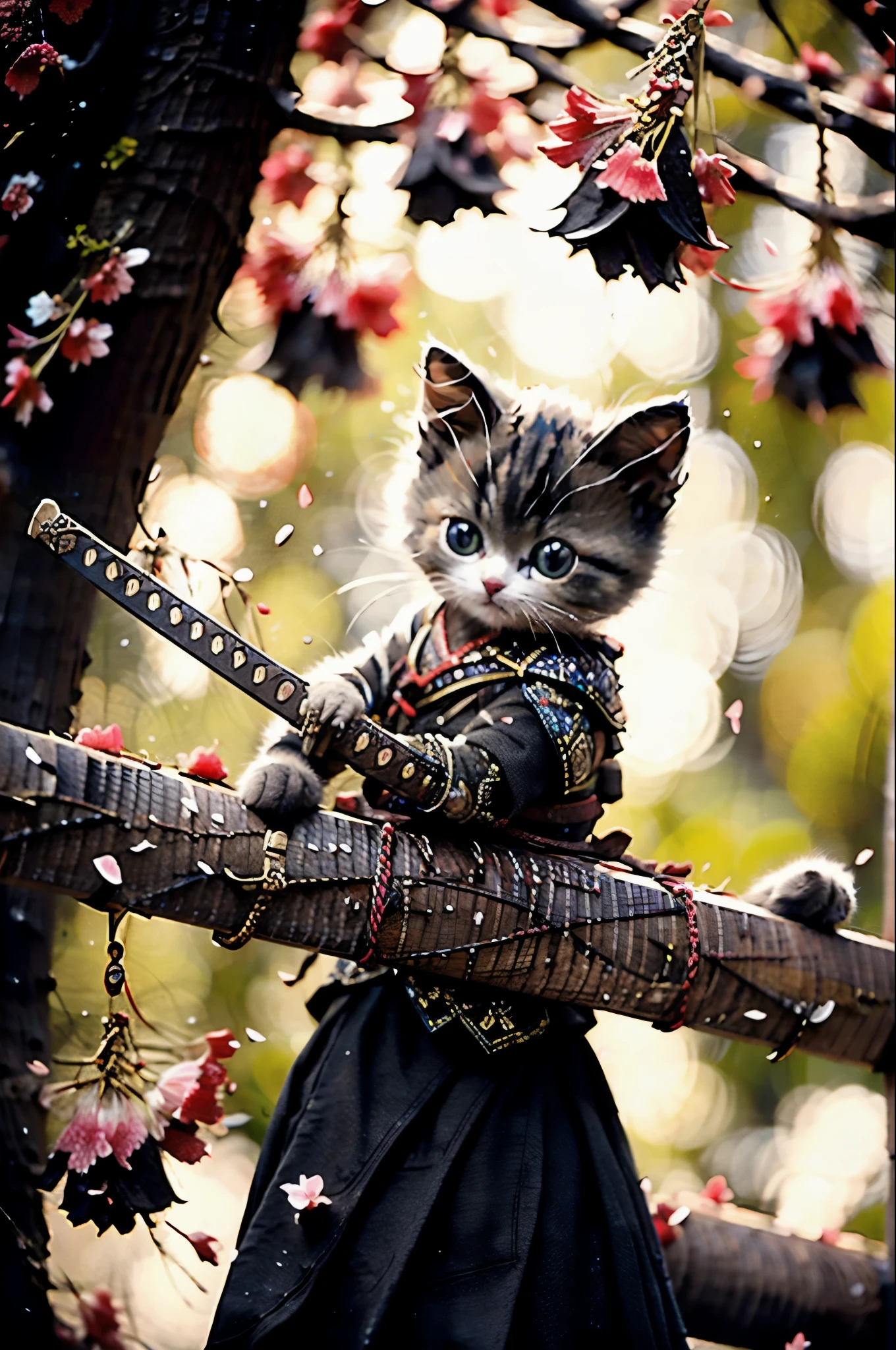 highest quality, masterpiece, Ultra-high resolution, RAW Photos, beautifully、aesthetic,Deep Shadow, Dark Theme,(Realistic:1.4), 
White kitten, Japan samurai armor, Holding a sword, ((Chiaroscuro, Backlight, sunset, Petals float)), 
Graceful posture, An inspiring atmosphere, A magnetic being, Sophisticated Seduction, Fascinating Mystery,
Intricate Zentangle Patterns, One Woman, Incredible level of detail, generously given, Impressive viewpoint, a chaotic masterpiece, Elegantly poised, Vibrant color palette, ((Outdoor)), Inspired by futuristic architecture