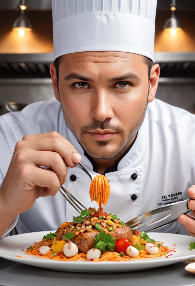 Close-Up of Face, The chef's cooking enthusiasm, a chef who is fully focused, the sweat beads on his face and the focused gaze show his infinite love for food, (masterpiece, best quality, Professional, perfect composition, very aesthetic, absurdres, ultra-detailed, intricate details:1.3)