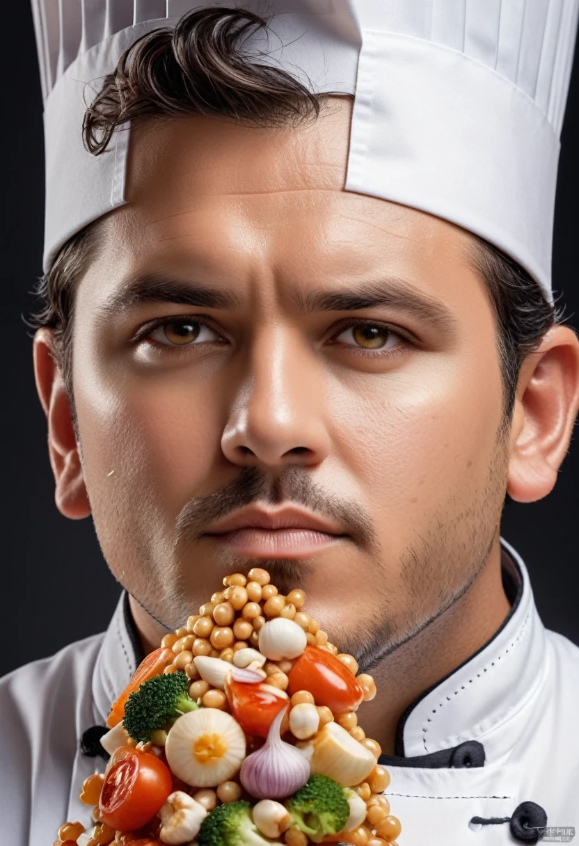 Close-Up of Face, The chef's cooking enthusiasm, a chef who is fully focused, the sweat beads on his face and the focused gaze show his infinite love for food, (masterpiece, best quality, Professional, perfect composition, very aesthetic, absurdres, ultra-detailed, intricate details:1.3)