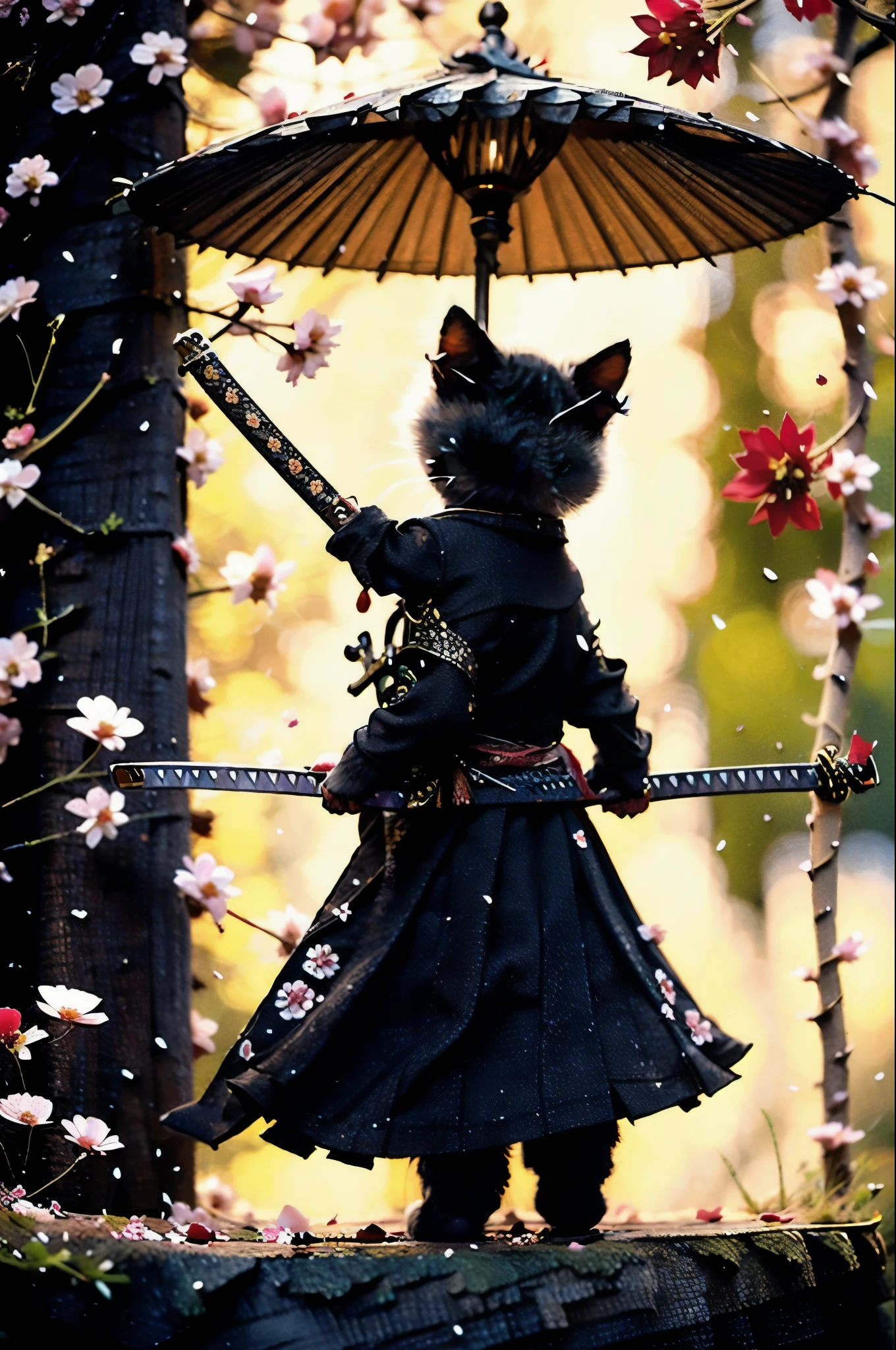 highest quality, masterpiece, Ultra-high resolution, RAW Photos, beautifully、aesthetic,Deep Shadow, Dark Theme,(Realistic:1.4),
White kitten, Japan samurai armor, Holding a sword, ((Chiaroscuro, Backlight, sunset, Petals float)),
Graceful posture, An inspiring atmosphere, A magnetic being, Sophisticated Seduction, Fascinating Mystery,
Intricate Zentangle Patterns, One Woman, Incredible level of detail, generously given, Impressive viewpoint, a chaotic masterpiece, Elegantly poised, Vibrant color palette, ((Outdoor)), Inspired by futuristic architecture