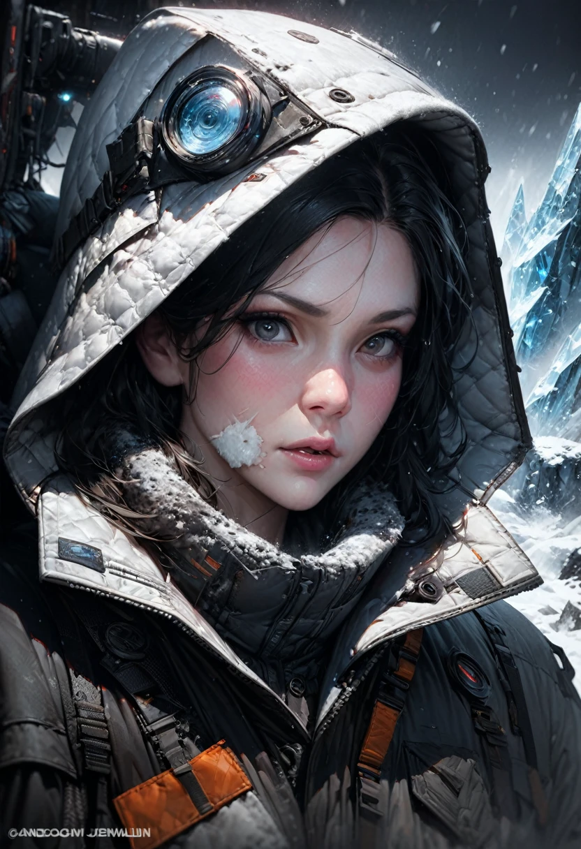 Close-Up of Face, Extremely detailed cinematic film still photography of centered portrait of a Polar Explorers : snow, ice, blizzard, : frozen face and beard : arctic clothing : Insanely Detailed Mixed-Media Photography by jeremy mann, andree wallin, Dan Witz, Peter Gric, Francis Bacon, 4K, Hyperrealism, Masterpiece, Chiaroscuro"