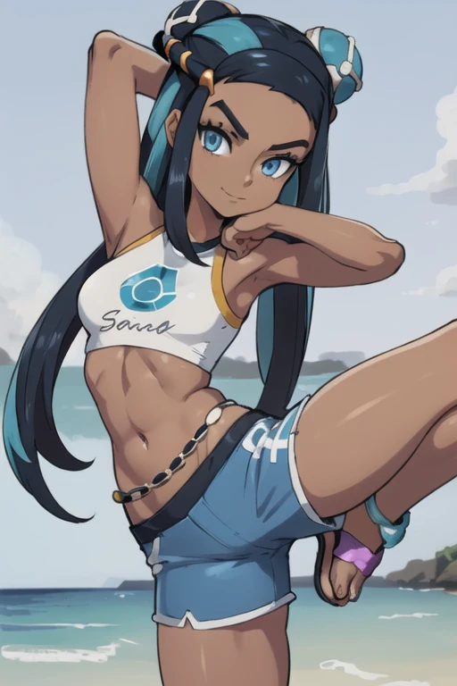 masterpiece, best quality, highly detailed, (Detailed face:1.2), (Detailed eyes:1.2), 1girl, solo, (nessa_pokemon:1.05), dark-skinned female, dark skin, blue eyes, aqua eyes, long hair, black hair, blue hair, aqua hair, multicolored hair, two-tone hair, hair bun, single hair bun, eyeshadow, slim feminine figure, arrogant smile, shorts, crop top, tankini, belly chain, single glove, midriff, sandals, , Hand lifting one leg, Detailed legs, flexible, (Standing on one leg:1.2), (standing split:1.3), Hand lifting one leg, stretching, posing, cowboy shot, day time, beach
