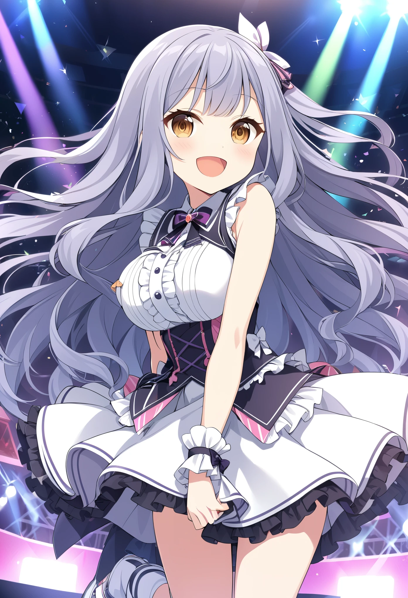 Hiiragitsumugi, Lavender Grey hair, long voluminous hair, brownish yellow eyes,11years old , large breasts,, Live Stage, solo,