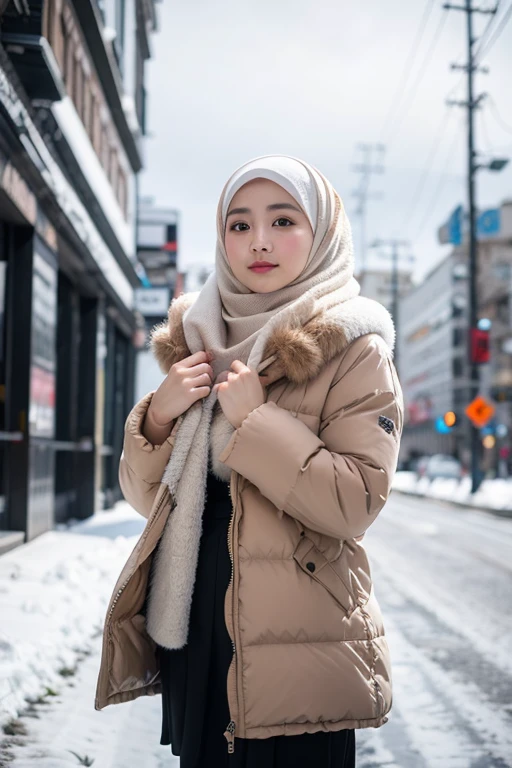japanese muslim girl, pasmina hijab, perfect body figure, fur puffer winter jacket, light brown jacket, snowy city landscape