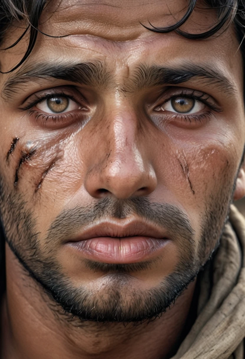 Close-Up of Face, A refugee's face was covered in fatigue and scars, his eyes were filled with helplessness and fear, his lips were dry and cracked, revealing the pain caused by war and disaster, (masterpiece, best quality, Professional, perfect composition, very aesthetic, absurdres, ultra-detailed, intricate details:1.3)