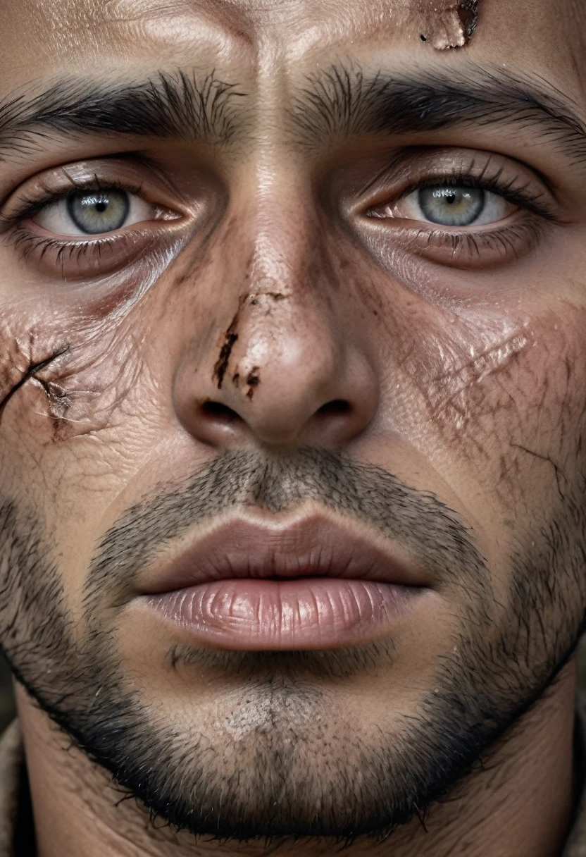 Close-Up of Face, A refugee's face was covered in fatigue and scars, his eyes were filled with helplessness and fear, his lips were dry and cracked, revealing the pain caused by war and disaster, (masterpiece, best quality, Professional, perfect composition, very aesthetic, absurdres, ultra-detailed, intricate details:1.3)
