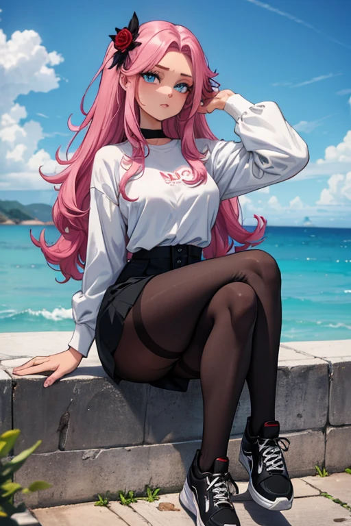 22 anos, pele branca, quase fala, cabelo branco, rosa nas pontas, cabelo extremamente longo, apertado, black pantyhose, black sneakers, cabelo branco, cabelo entre os olhos, cabelo branco, boca fechada, short, formal messy hair big pink hair extremely long hair blue eyes crossed legs black flower barrettes all over the hair