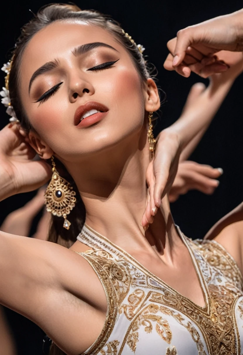 Close-Up of Face, On stage, a dancer closes her eyes and spins, her face filled with intoxicated expressions. The corners of her mouth gently rise, and her body language and facial expressions together interpret the charm of the dance, (masterpiece, best quality, Professional, perfect composition, very aesthetic, absurdres, ultra-detailed, intricate details:1.3)