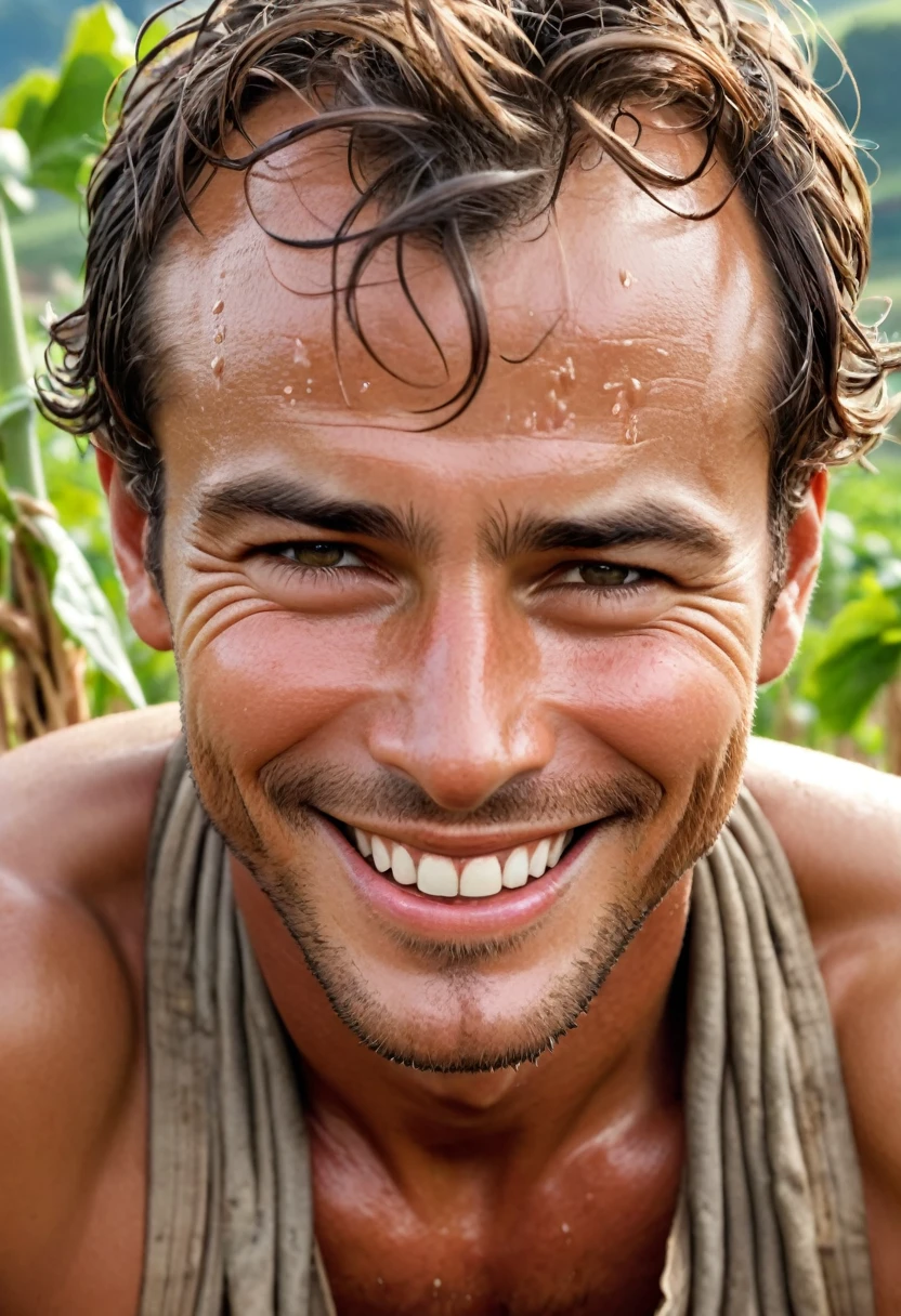 Close-Up of Face, The hard work of farmers: In the field, a farmer lowers his head to cultivate, sweat dripping onto the soil on his forehead, and a satisfied smile on his lips, showing pride in the fruits of labor and deep affection for the land, (masterpiece, best quality, Professional, perfect composition, very aesthetic, absurdres, ultra-detailed, intricate details:1.3)