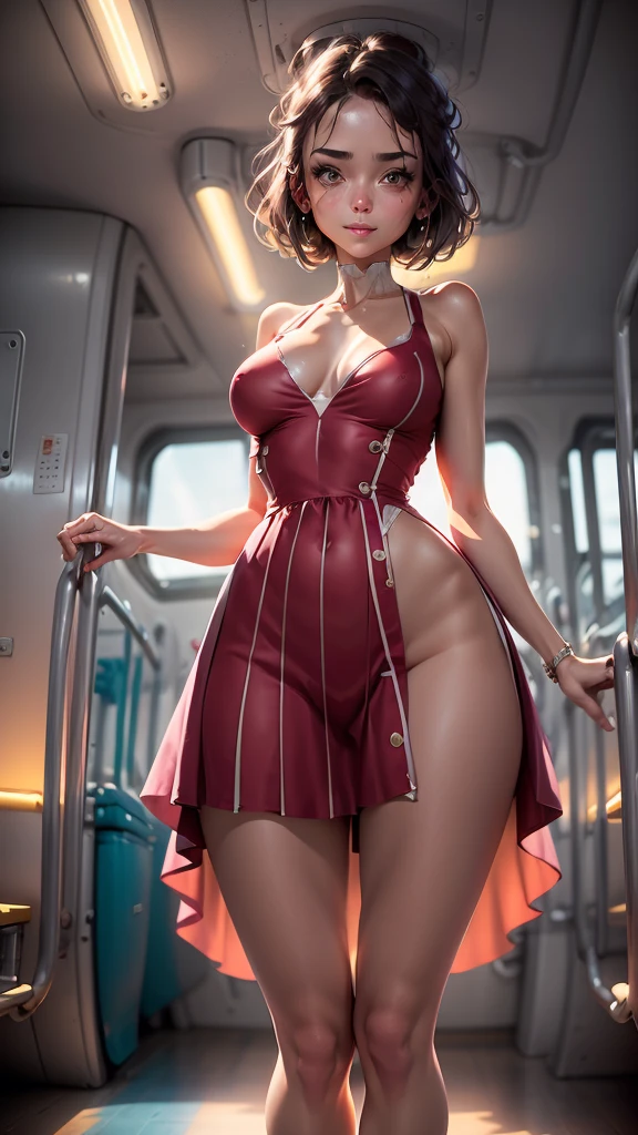 Top quality, super detailed, ((very delicate and beautiful)), illustration, movie lighting, perfect design, ((detailed background)), ((warm light)), ((accurate background)), (lens flare), (chromatic aberration), (depth of field), dancing light, (intricate:1.2), illustration,
Crowded train, one woman, lying on the floor, expressionless, slightly smiling,pelvic curtain, covered crotch,dress,from below, 
She is admiring the pelvic curtain of a goddes,Artistic, memorable masterpieces, moments in history,
,starrystarscloudcolorful,