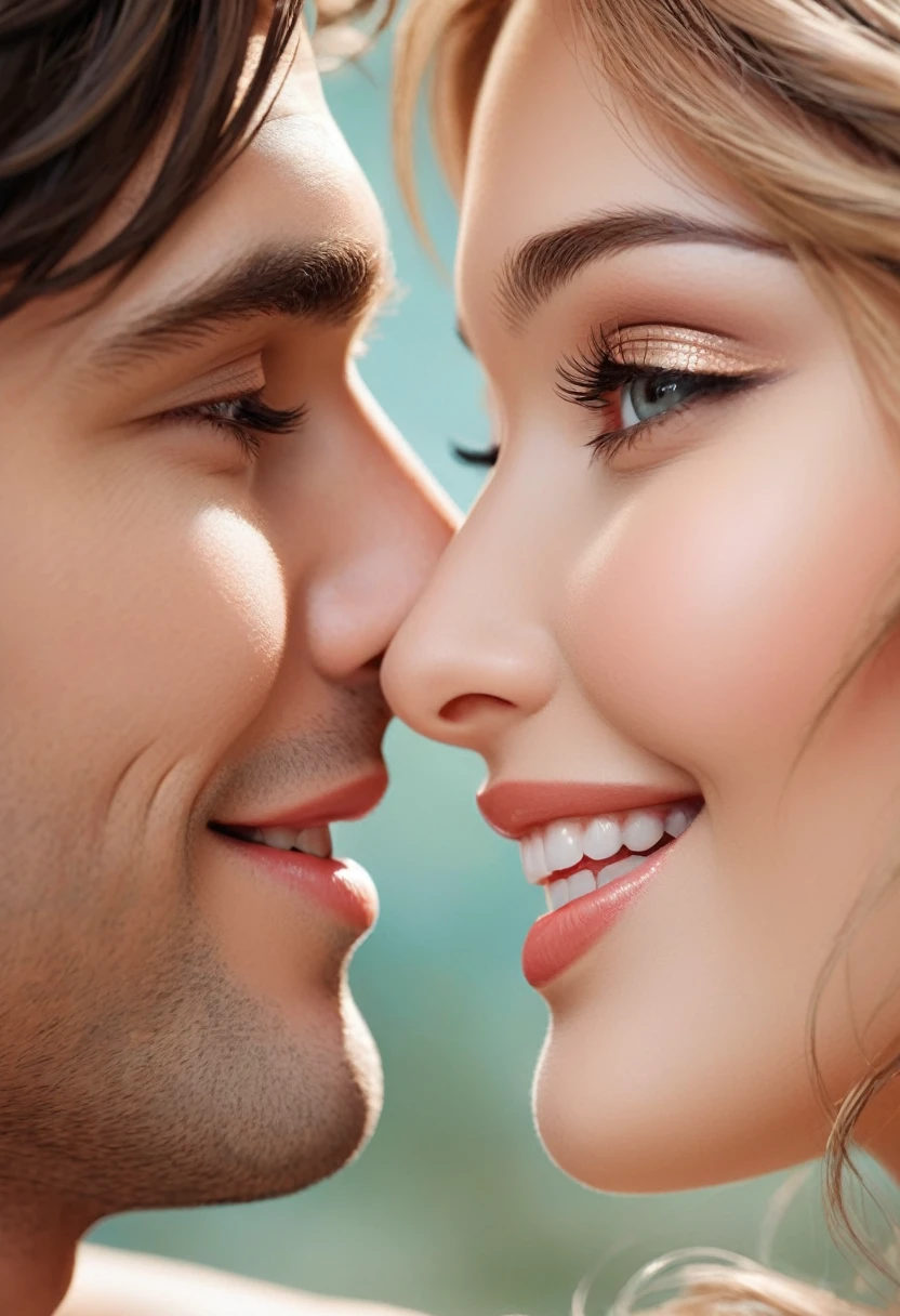 Close-Up of Face, Sweet gaze of lovers: A pair of lovers sit face to face, their eyes facing each other, their eyes filled with love and happiness, their lips adorned with sweet smiles, and the air filled with a romantic atmosphere, (masterpiece, best quality, Professional, perfect composition, very aesthetic, absurdres, ultra-detailed, intricate details:1.3)