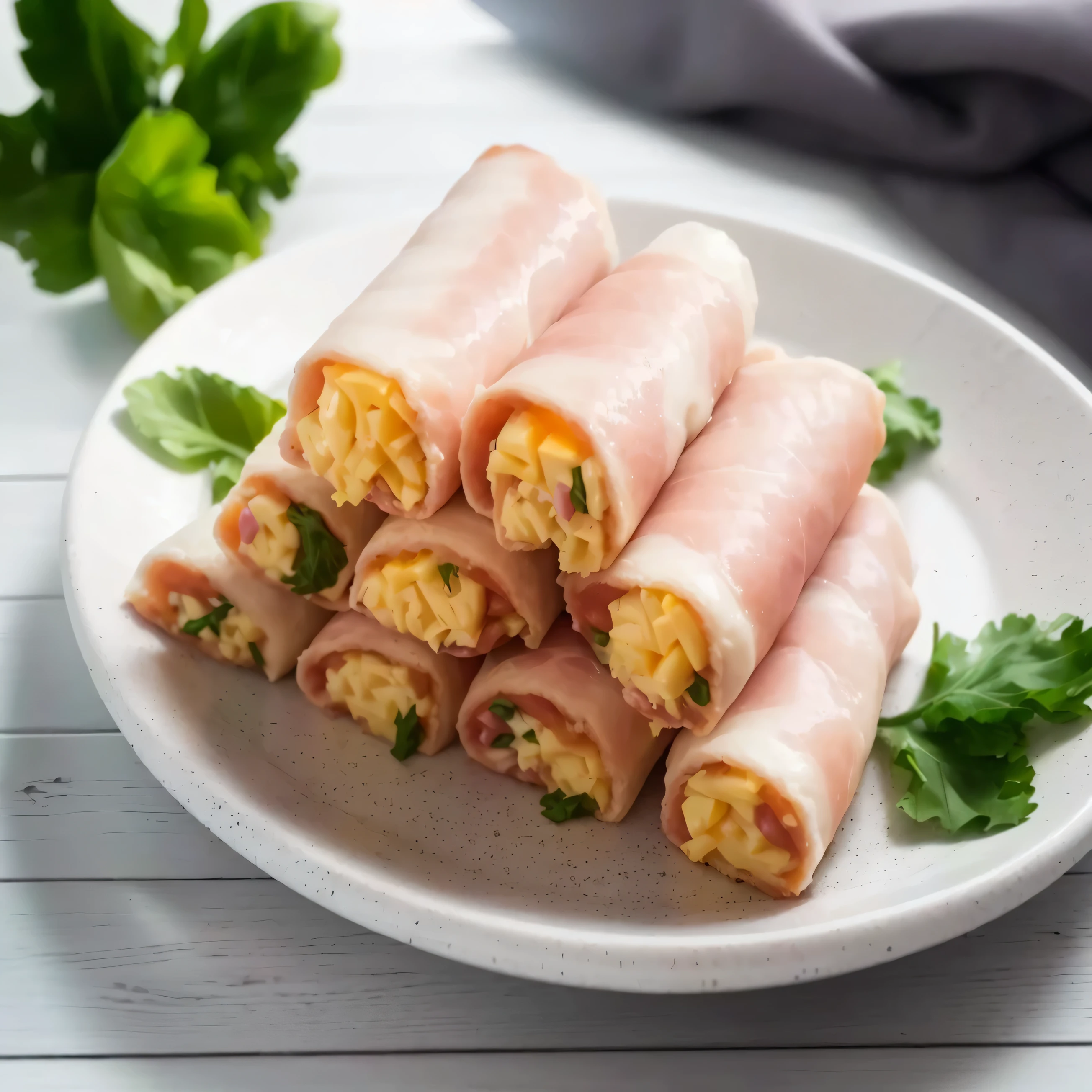 there are several ham and cheese rolls on a plate, vitrificado, Easy, high quality product image”, Easy go, pergaminhos, meio-dia, lunch meat, receita, otima qualidade, bixmordida, 1x, Breakfast, detalhes altos!, summer morning, Imagem bonita, delicadeza, ham, imagem de alta qualidade, basil gogos, por Emma Andijewska