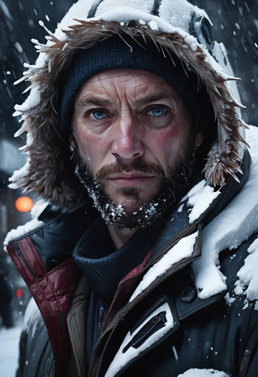 Close-Up of Face, Extremely detailed cinematic film still photography of centered portrait of a Polar Explorers : snow, ice, blizzard, : frozen face and beard : arctic clothing : Insanely Detailed Mixed-Media Photography by jeremy mann, andree wallin, Dan Witz, Peter Gric, Francis Bacon, 4K, Hyperrealism, Masterpiece, Chiaroscuro"