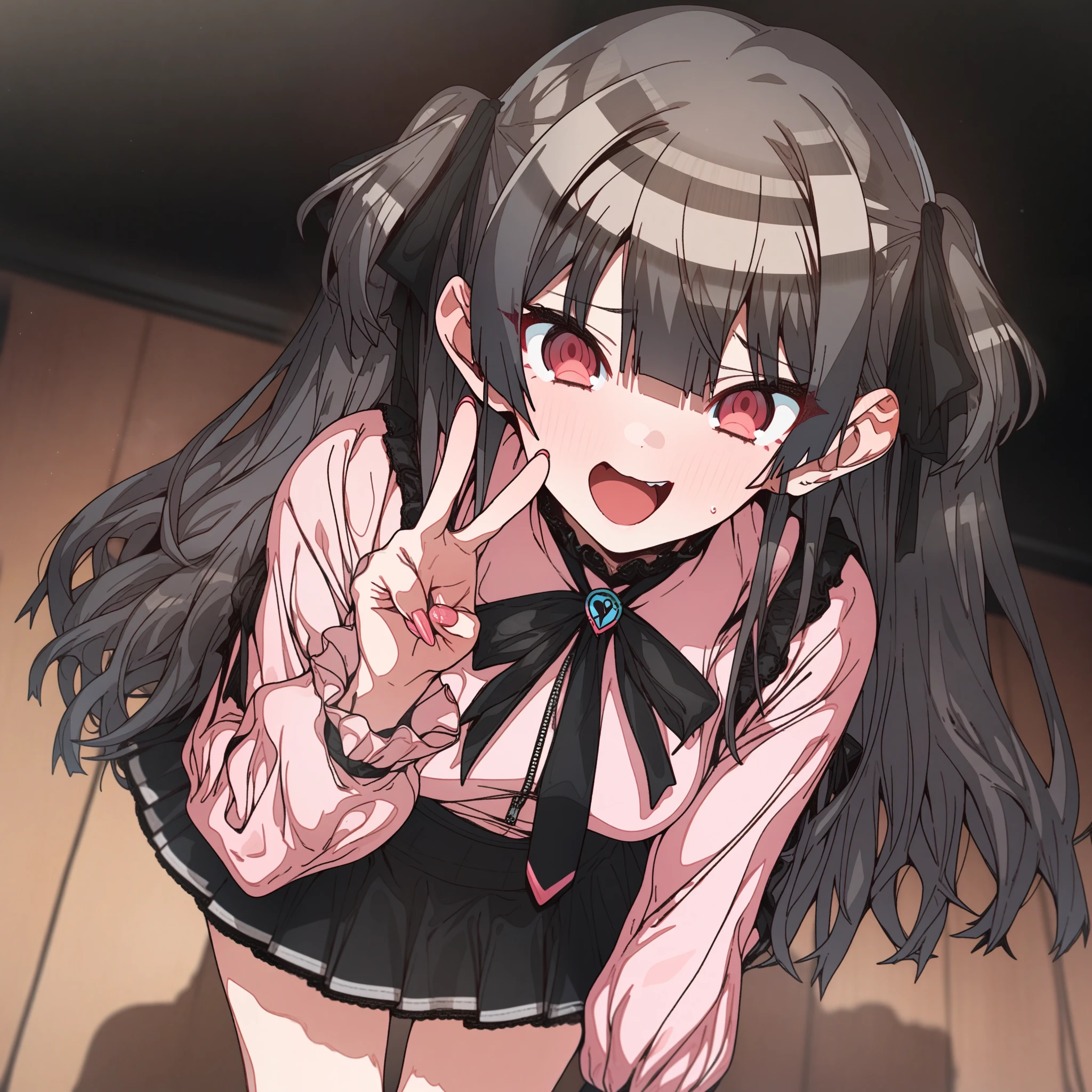 houshou_marine, Artist, erere, Copyrights, idolmaster, idolmaster_shiny_colors, Character, General, 1girl, black_hair, black_necktie, black_ribbon, black_skirt, blunt_bangs, blush, breasts, v, brown_eyes, censored, frilled_sleeves, frills, jirai_kei, long_hair, long_sleeves, medium_breasts, miniskirt, neck_ribbon, necktie, open_mouth, pink_nails, pink_shirt, raised_eyebrow, ribbon, shirt, skirt, sweatdrop, teeth, two_side_up, upper_teeth_only, zipper_skirt, full_body, standing, white_backgroud, looking_at_viewer, facing_viewer, masterpiece, best_quality, great_quality, girl, legs, wooden floor, white ceiling:0.5