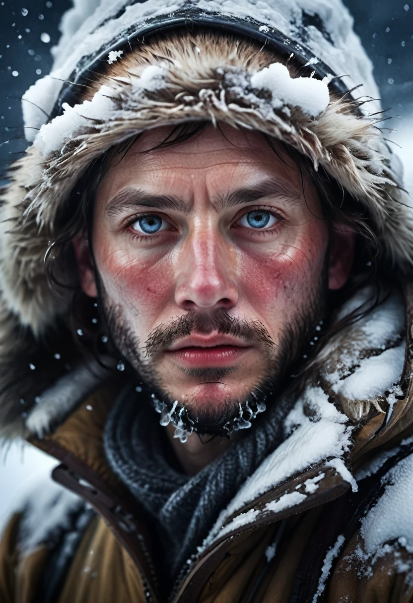 Close-Up of Face, Extremely detailed cinematic film still photography of centered portrait of a Polar Explorers : snow, ice, blizzard, : frozen face and beard : arctic clothing : Insanely Detailed Mixed-Media Photography by jeremy mann, andree wallin, Dan Witz, Peter Gric, Francis Bacon, 4K, Hyperrealism, Masterpiece, Chiaroscuro"